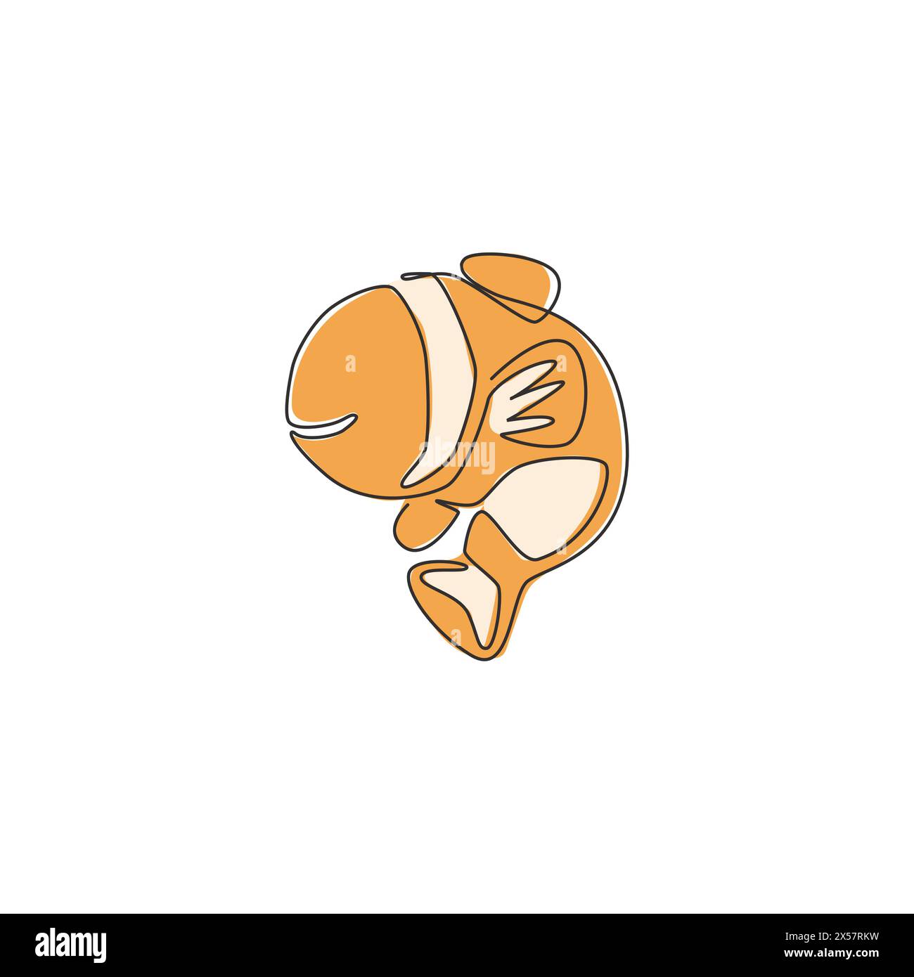 Un disegno su una sola linea di simpatici pesci pagliaccio per l'identità del logo acquatico. Mascotte di pesce anemone spogliate per l'icona del mondo marino. Linea continua moderna d Illustrazione Vettoriale