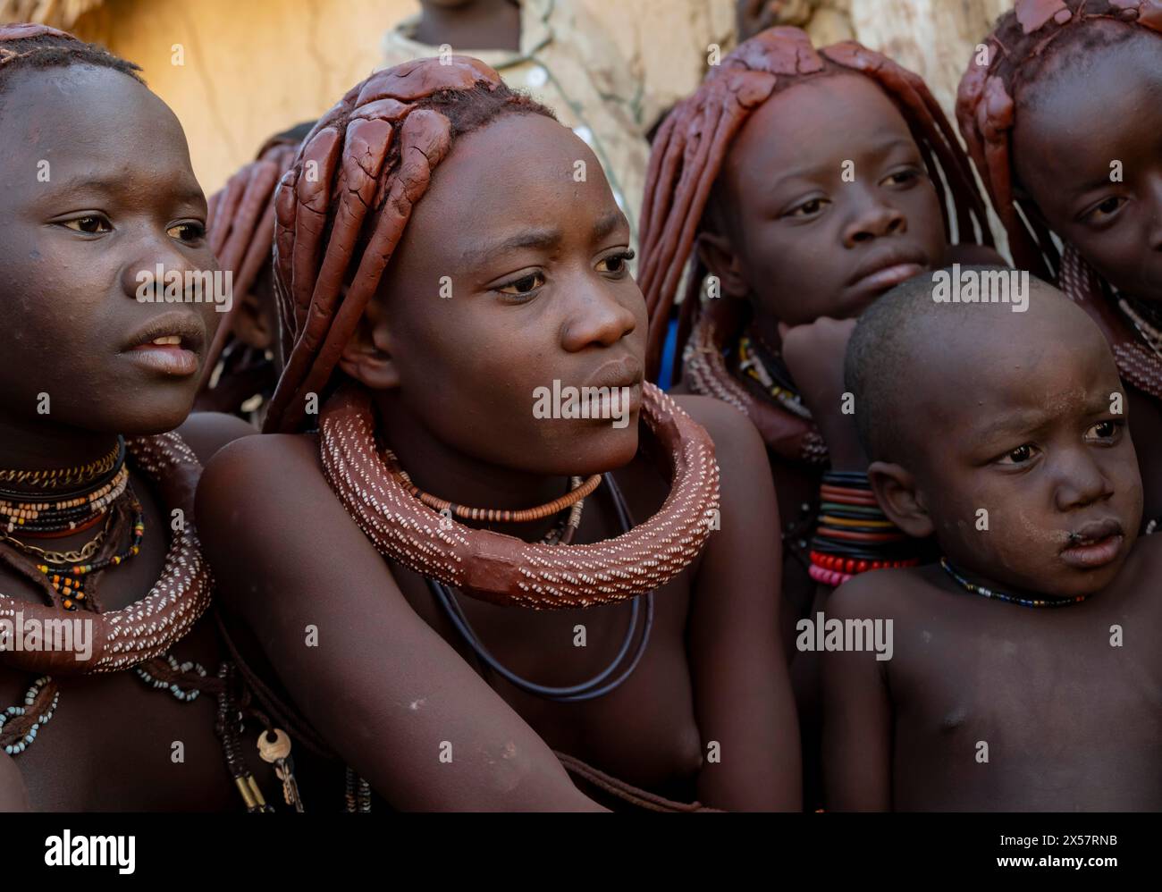 Un gruppo di bambini Himba e una giovane donna guardano le foto su una macchina fotografica, vicino a Opuwo, Kaokoveld, Kunene, Namibia Foto Stock