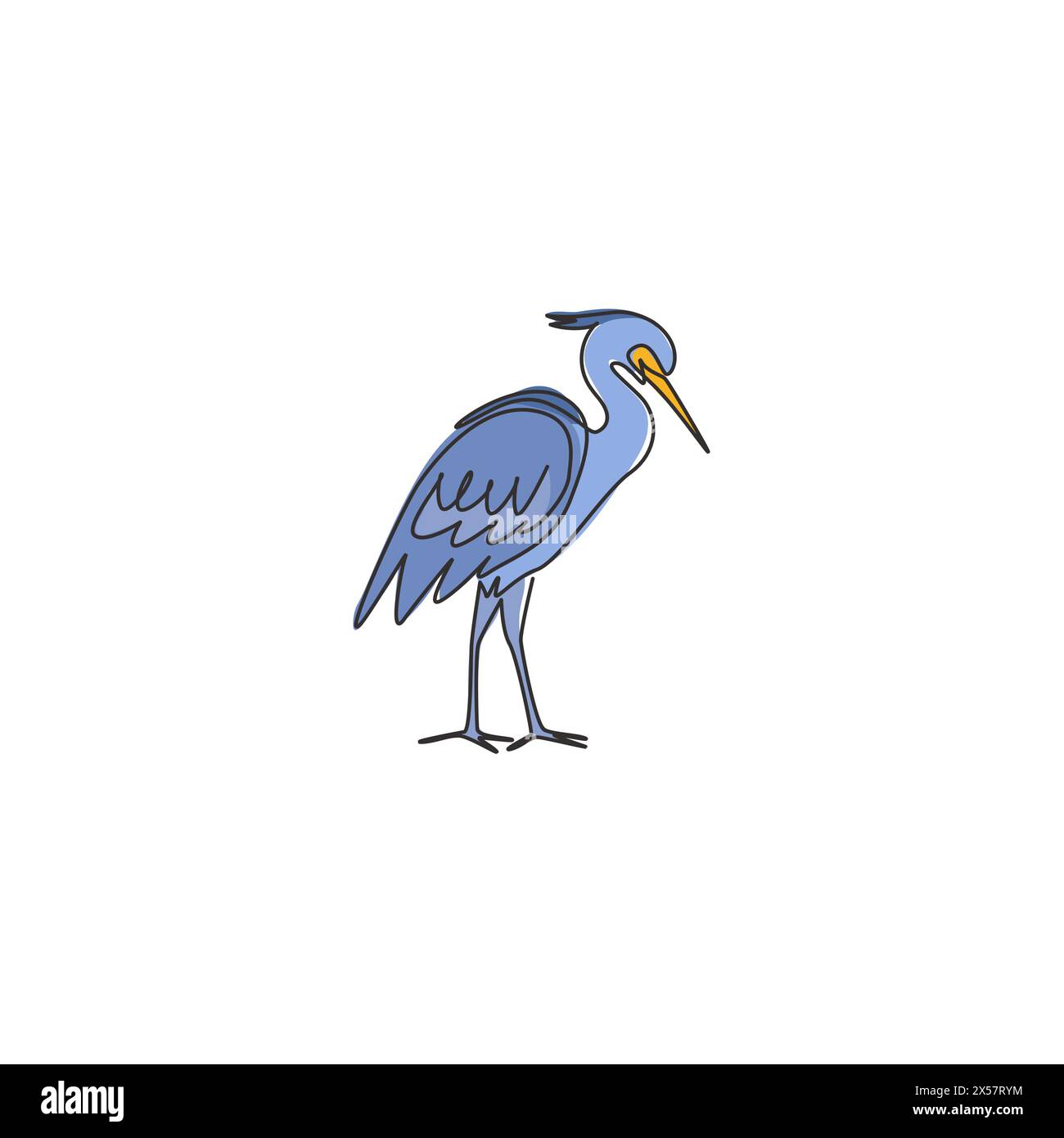 Un disegno continuo di un simpatico airone in piedi per l'identità del logo aziendale. Concetto di mascotte per uccelli costieri per l'icona del parco nazionale. Moderna linea singola d Illustrazione Vettoriale