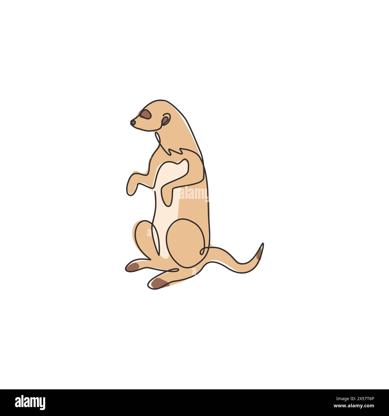 Un disegno su una sola linea di adorabili meerkat per l'identità del logo aziendale. Concetto di mascotte animale Suricata suricatta per l'icona dello zoo nazionale. Continuo moderno Illustrazione Vettoriale