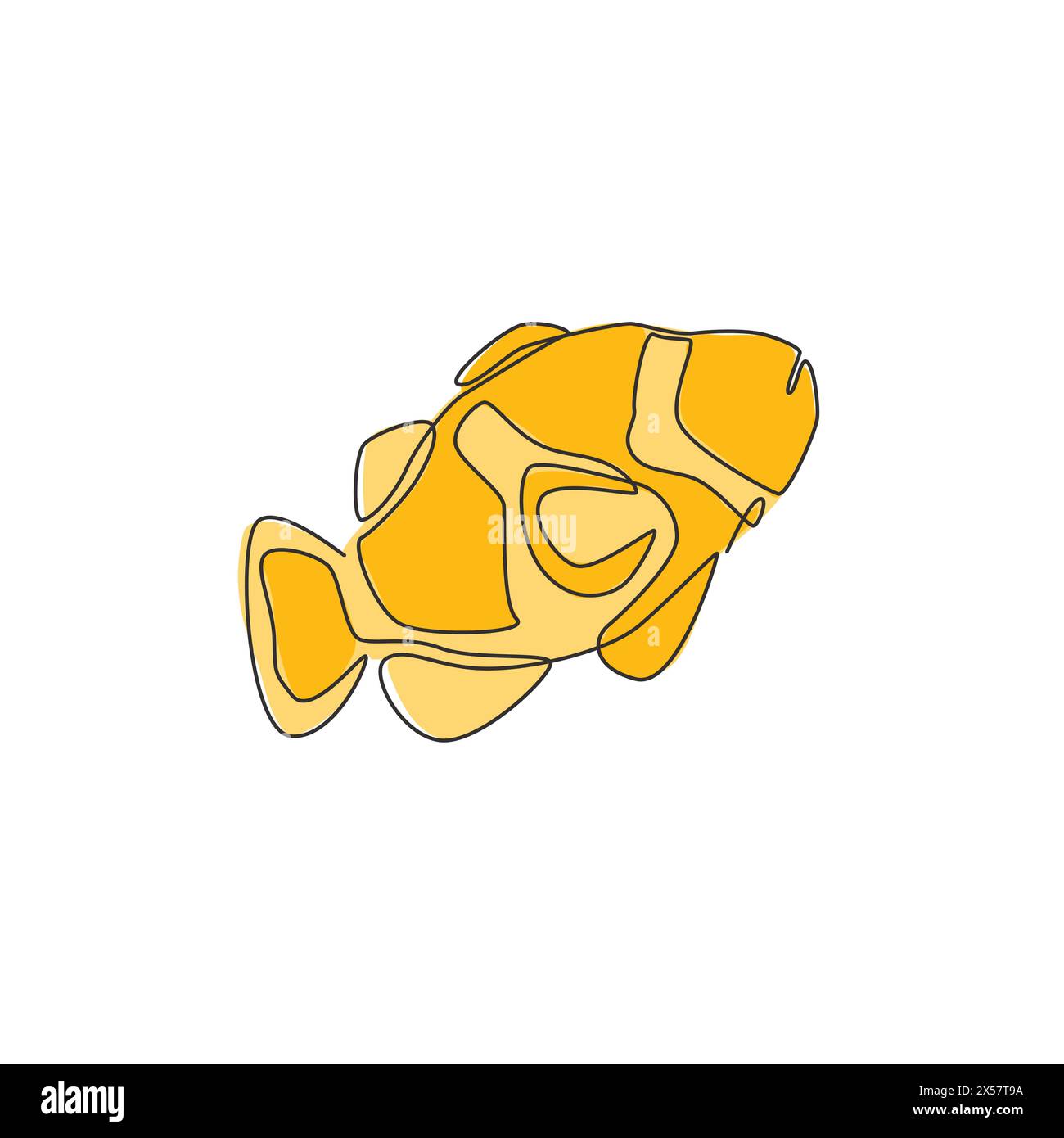 Disegno a linea singola continua di pesci pagliaccio di bellezza per l'identità del logo acquatico. Splendida mascotte anemonefish per l'icona dello spettacolo sott'acqua. Una linea Illustrazione Vettoriale