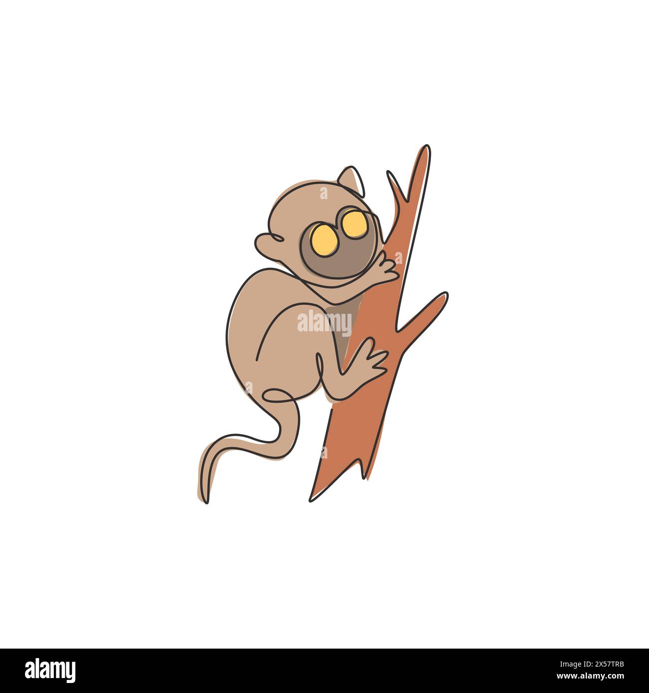 Disegno a linea singola e continua di adorabile tarsier per l'identità del logo aziendale. Il concetto di piccola mascotte di scimmia per l'icona del parco nazionale di conservazione. M Illustrazione Vettoriale