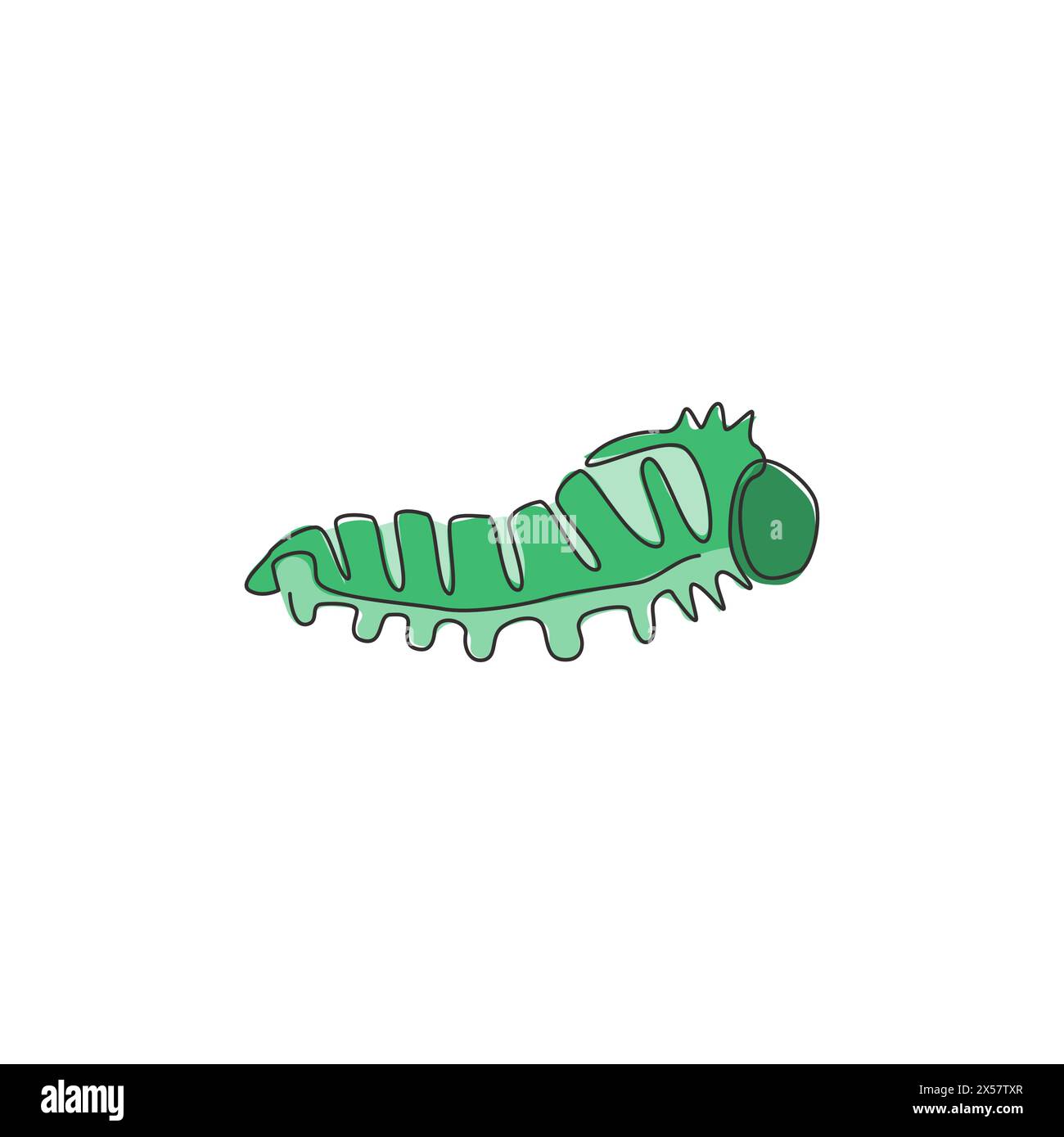 Un disegno continuo di cute caterpillar per l'identità del logo aziendale. Stadio larvale della mascotte lepidottera per icona amante degli insetti. Si moderna Illustrazione Vettoriale