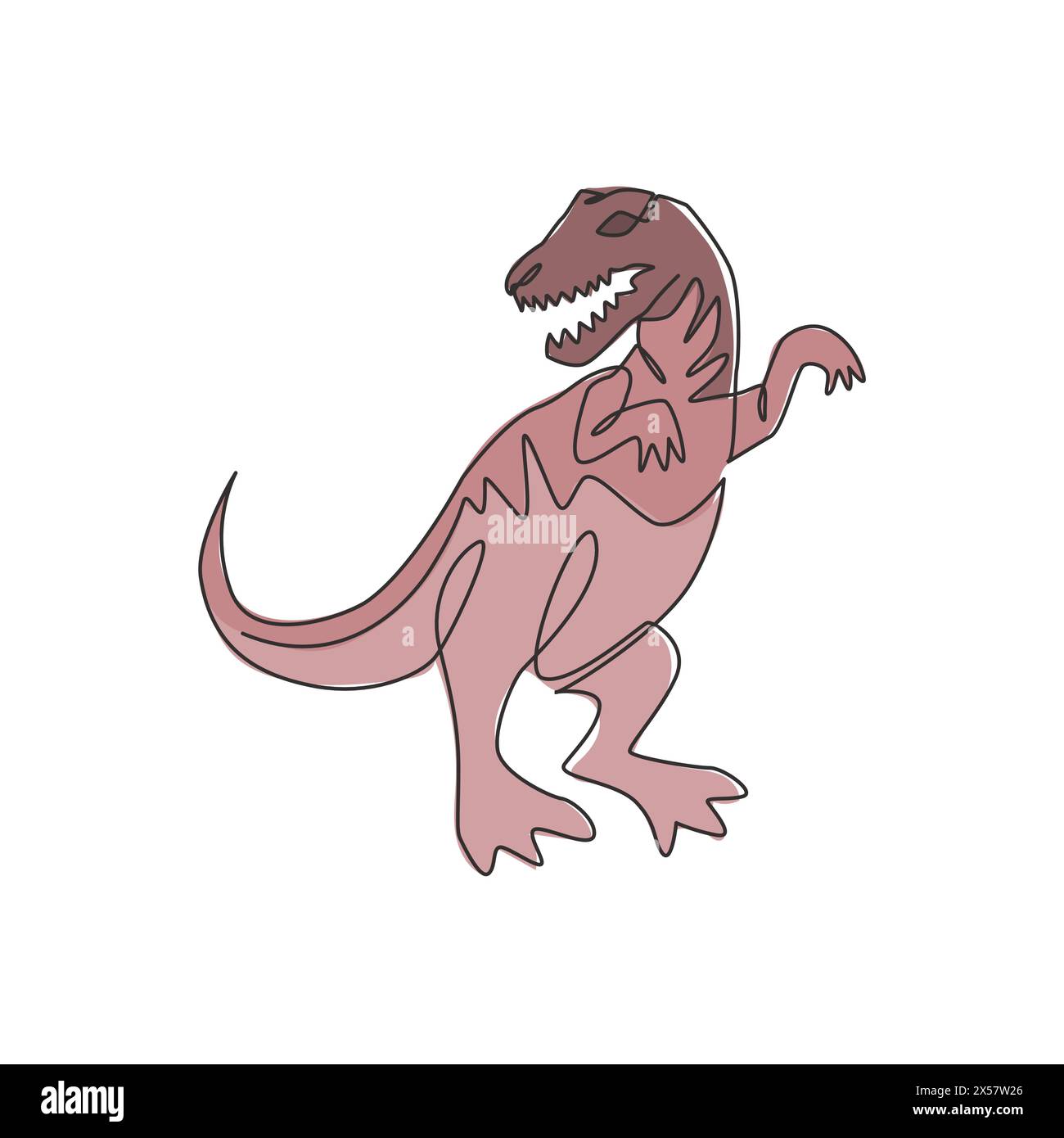 Un disegno a linea singola del furioso tyrannosaurus rex per l'identità del logo. Concetto di mascotte animale Dino per icona del parco a tema preistorico. Moderno e continuo Illustrazione Vettoriale