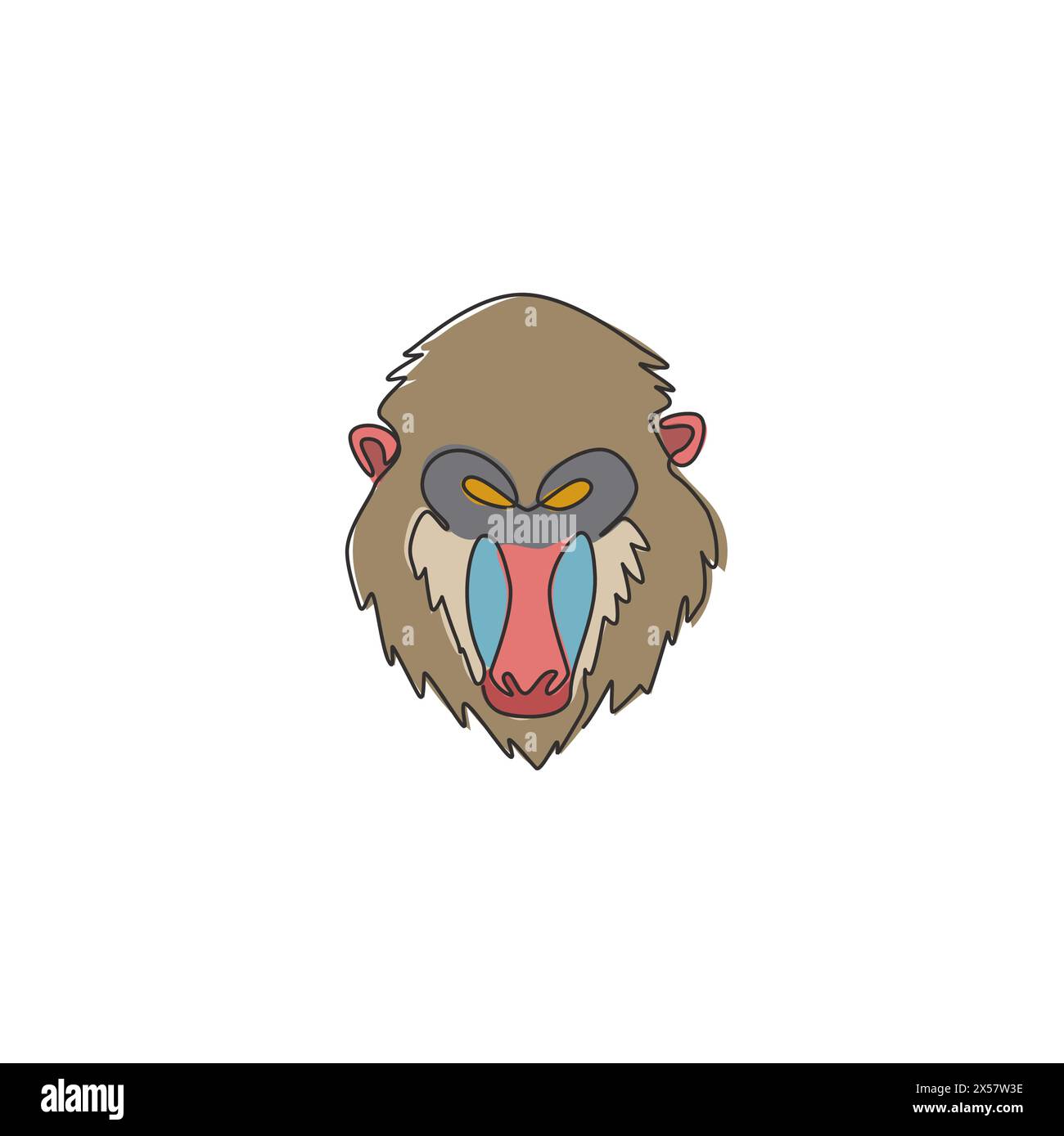 Un disegno a linea singola di una testa mandrino esotica per l'identità del logo aziendale. Il concetto di mascotte con il volto delle scimmie più grande per l'icona del parco safari nazionale. Camera moderna Illustrazione Vettoriale