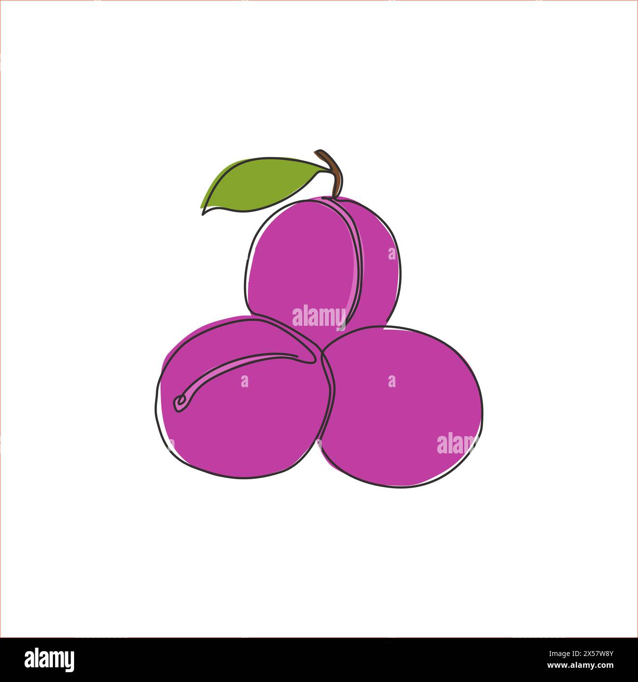 Un disegno a linea singola di prugne organiche intere per l'identità del logo del frutteto. Concetto fruttato fresco per l'icona del giardino della frutta. Linea continua moderna Illustrazione Vettoriale