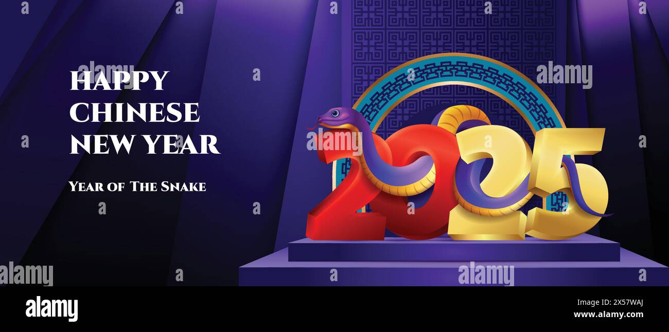 Design blu per il nuovo anno cinese 2025, palco sul podio con insegna Snake e numero 3d 2025 Illustrazione Vettoriale