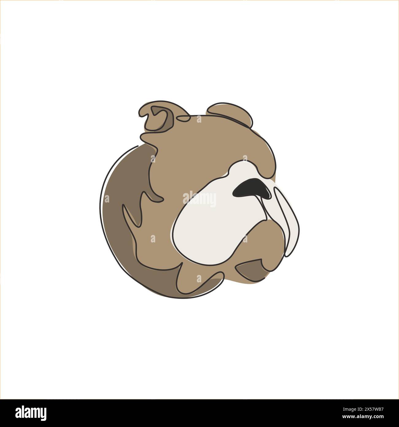 Un unico disegno continuo di una feroce testa di bulldog per l'identità del logo aziendale di sicurezza. Mascotte per cani di razza pura per un'icona che ammette animali domestici. Illustrazione Vettoriale