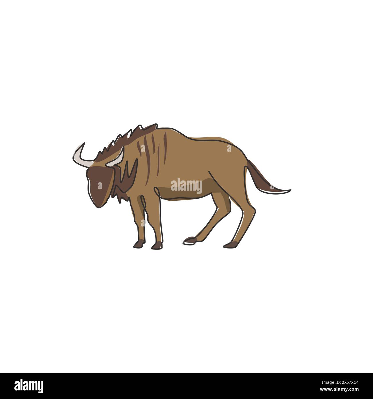 Disegno su una sola linea di dashing wildebeest per l'identità del logo della fondazione. Forte concetto di mascotte gnu per l'icona dello zoo nazionale. Moderna linea continua dr Illustrazione Vettoriale