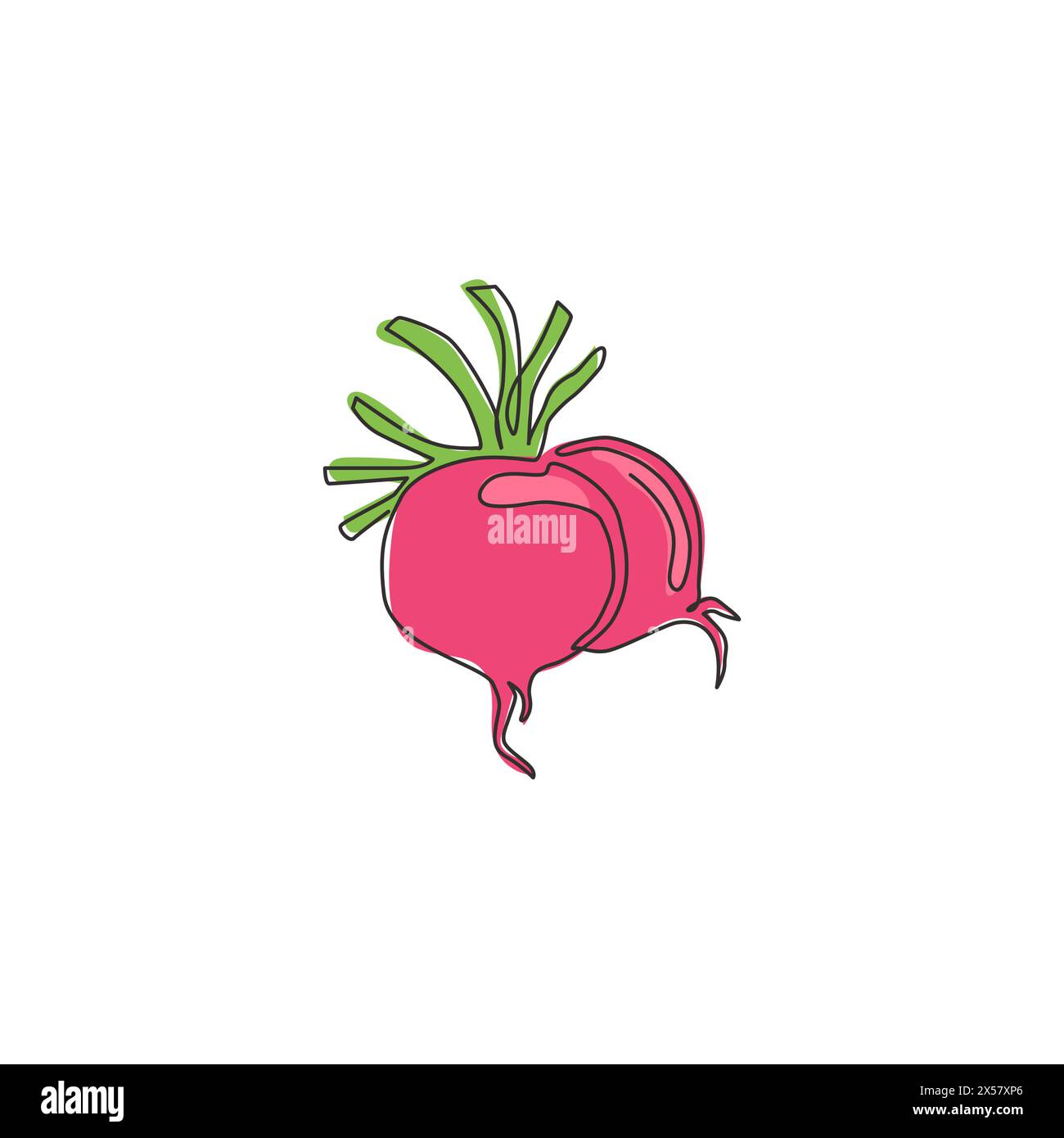 Un disegno continuo di un ravanello rosso organico sano intero per l'identità del logo della piantagione. Concetto di verdure fresche per l'icona delle verdure a radice commestibili. Mod Illustrazione Vettoriale