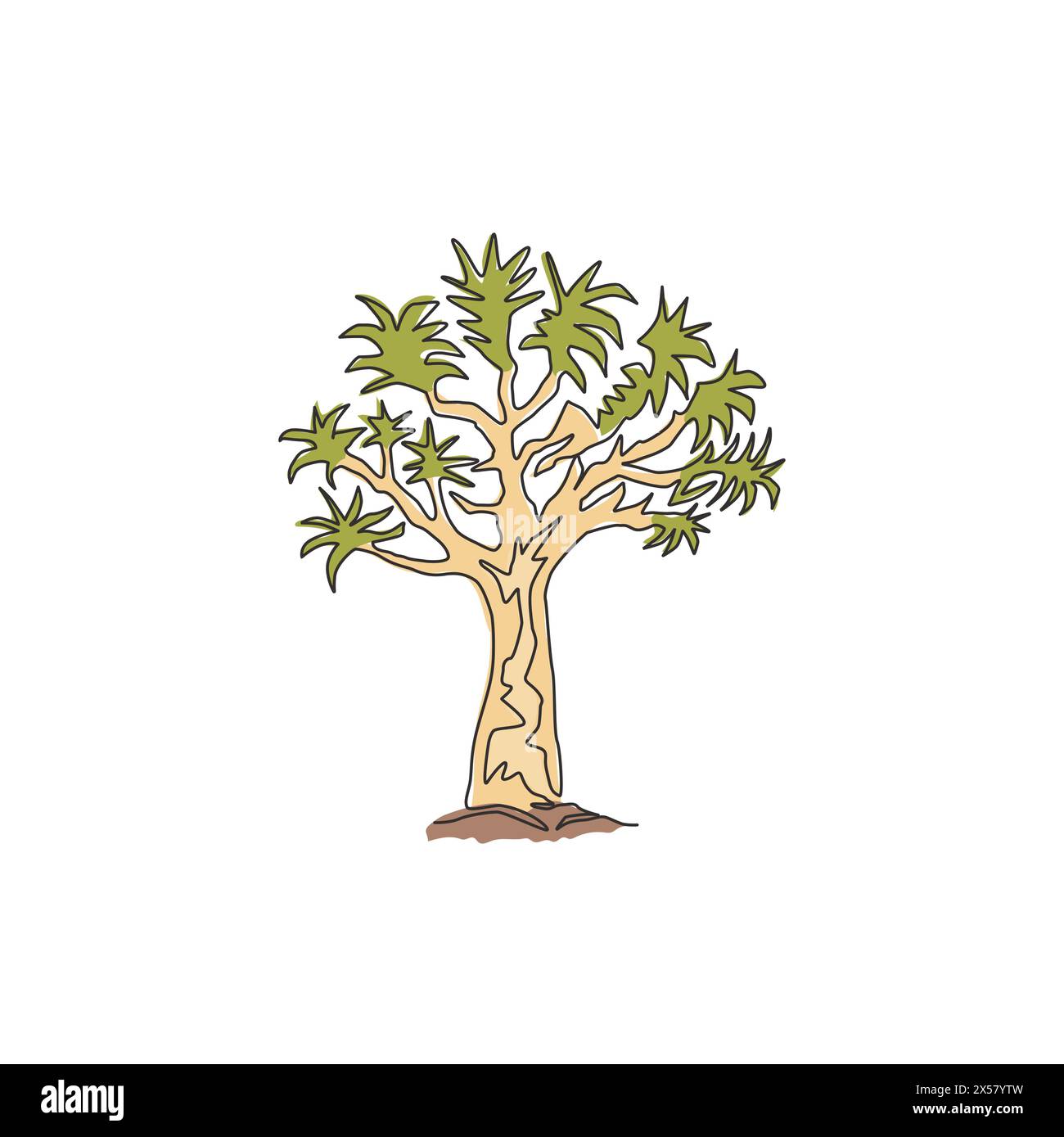 Disegno a linea singola continua di una foresta di alberi a balestra. Albero decorativo di dicotomio aloidendron per il parco nazionale. Concetto di vacanza turistica e di viaggio. M Illustrazione Vettoriale