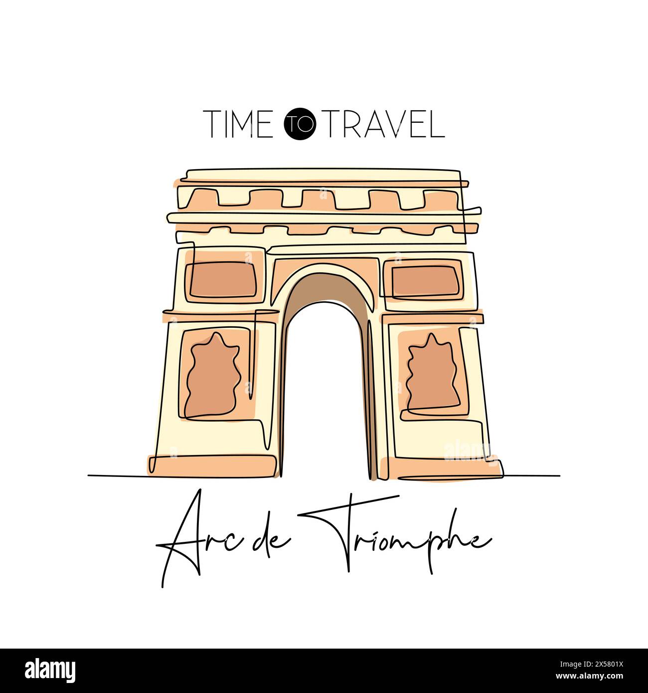 Disegno singolo di benvenuto all'Arco di Trionfo. Luogo storico iconico di Parigi. Concetto di cartolina di auguri turistici e di viaggio. Moderno Illustrazione Vettoriale