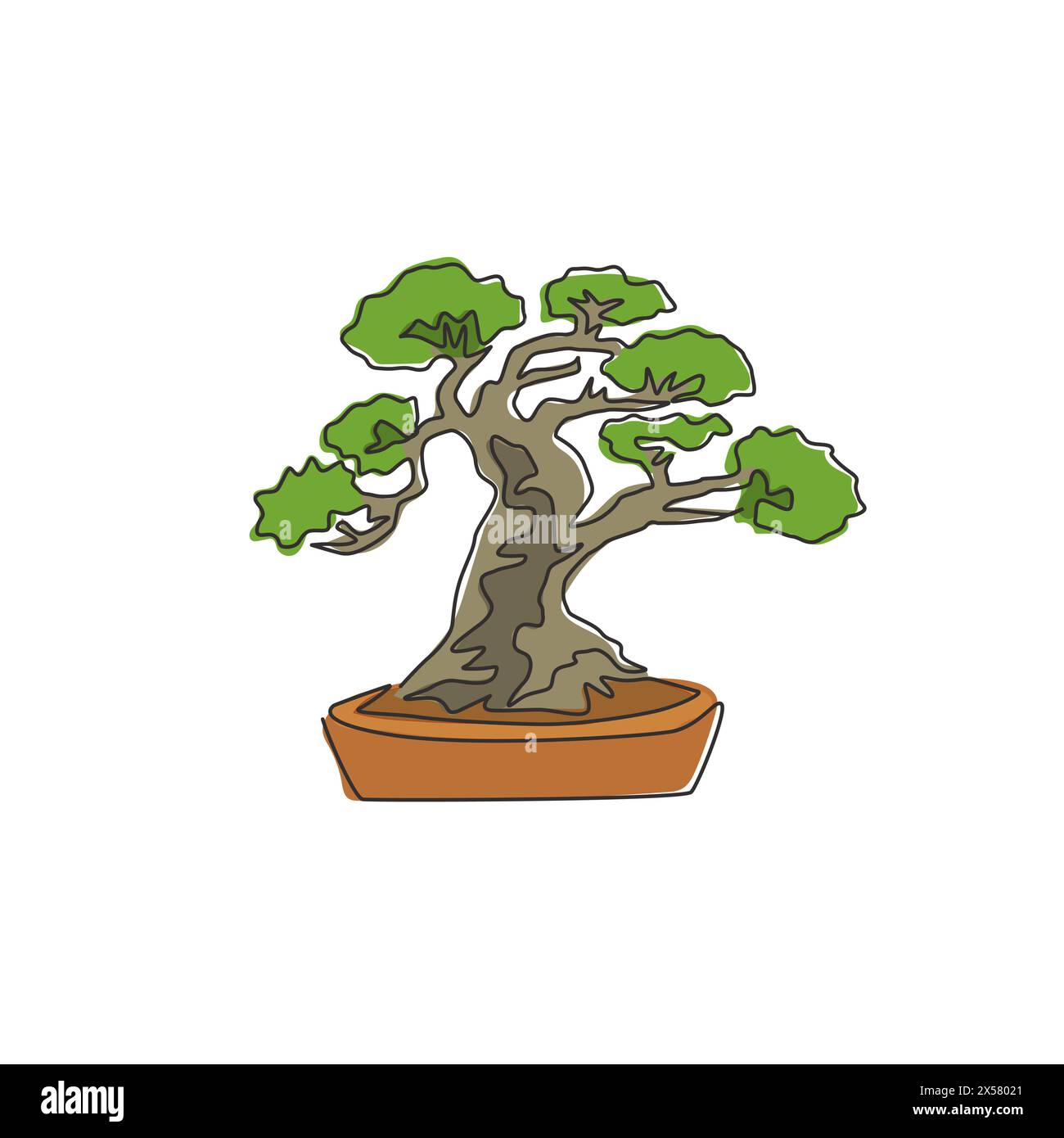 Un disegno continuo di vecchia bellezza ed esotico albero di bonsai in miniatura. Concept decorativo della pianta banyan per la mostra sull'agricoltura. Alla moda Illustrazione Vettoriale