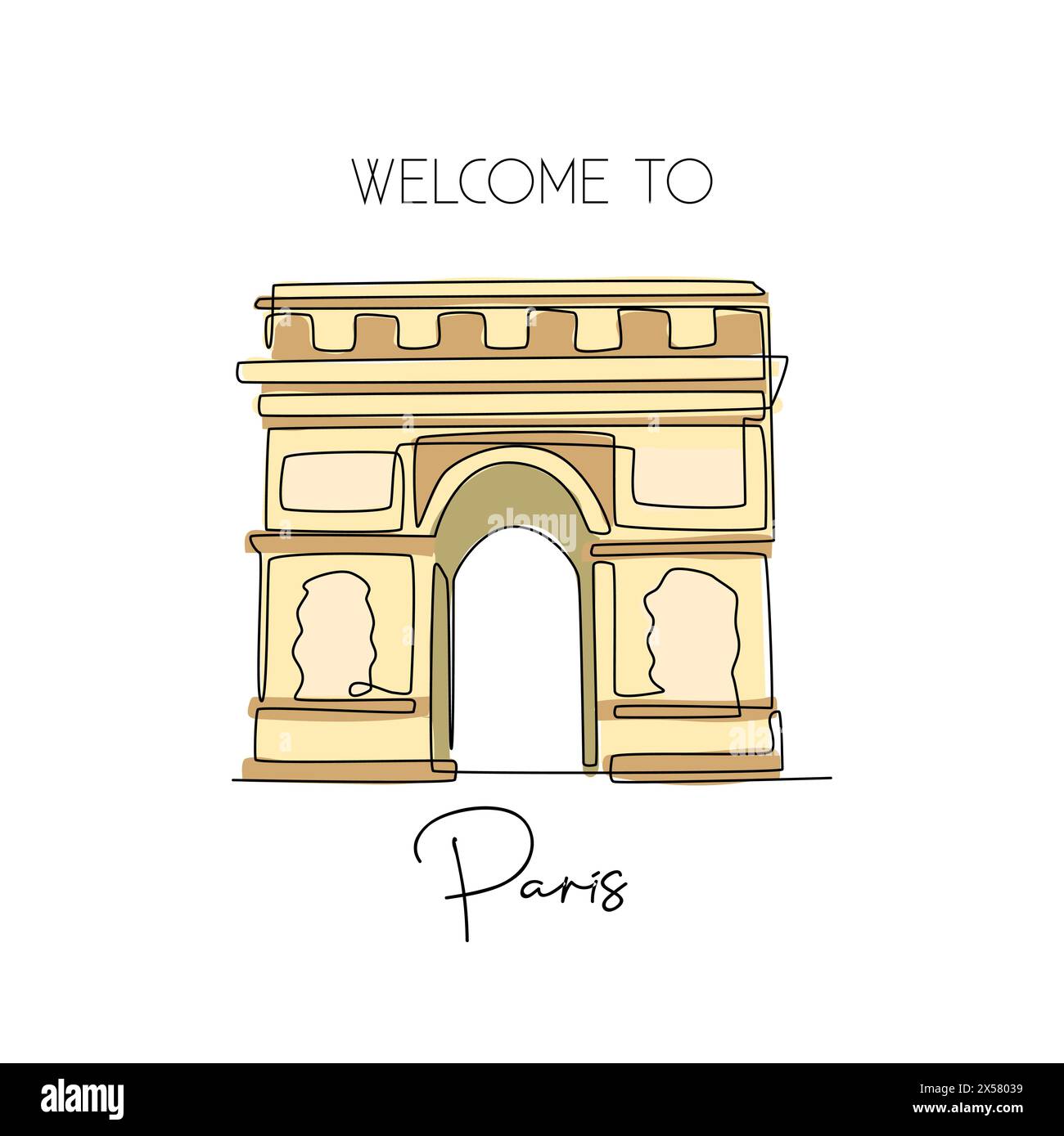 Un disegno a linea continua dell'Arco di Trionfo. Luogo storico iconico a Parigi, Francia. Vacanza vacanza, arredamento per la casa, poster, stampa e arte. M Illustrazione Vettoriale