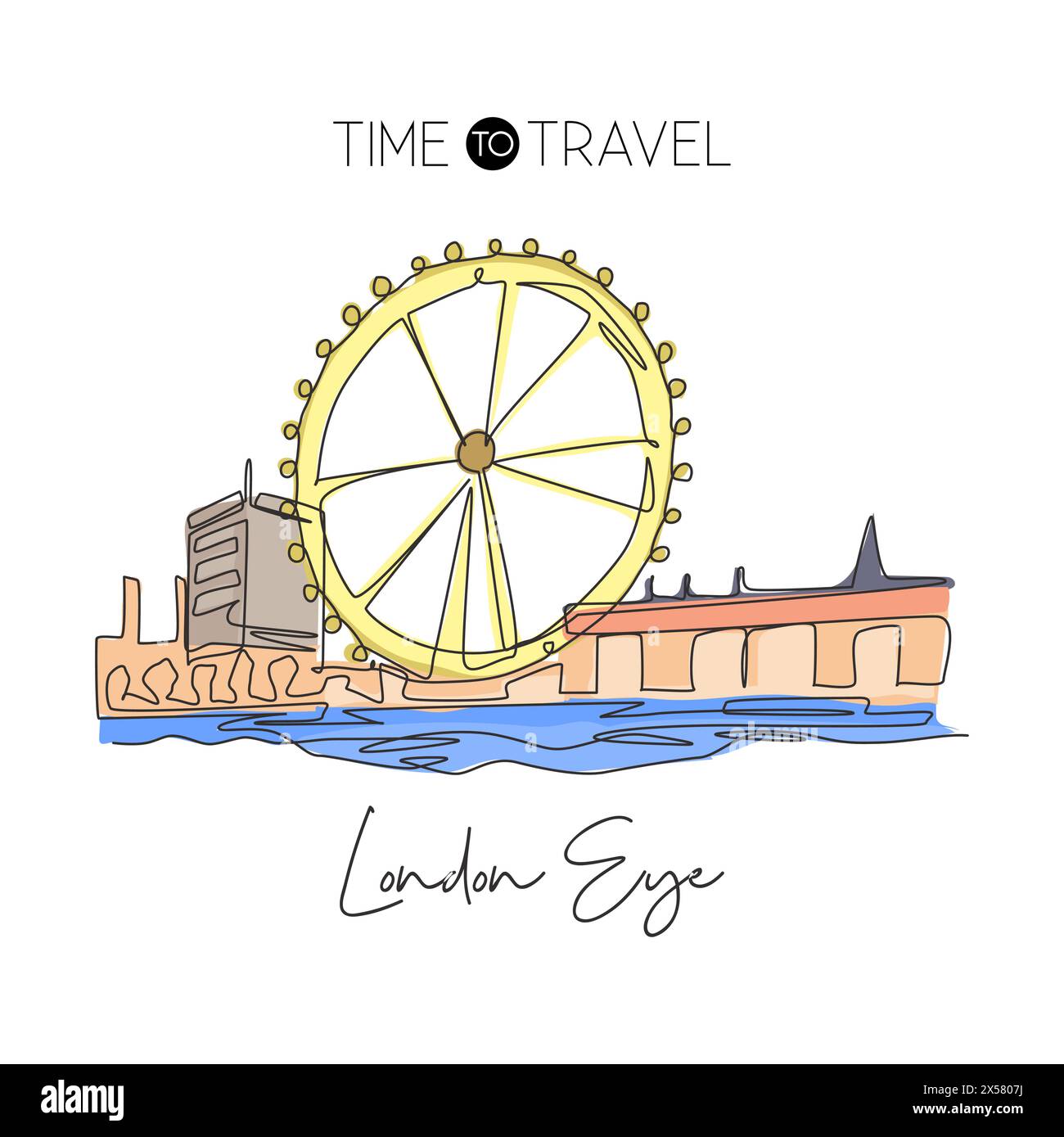 Depok, Indonesia - 2 agosto 2019: Una linea singola che disegna il punto di riferimento della ruota panoramica di Londra. Luogo famoso in tutto il mondo a Londra, Inghilterra. Postcar per viaggi turistici Illustrazione Vettoriale