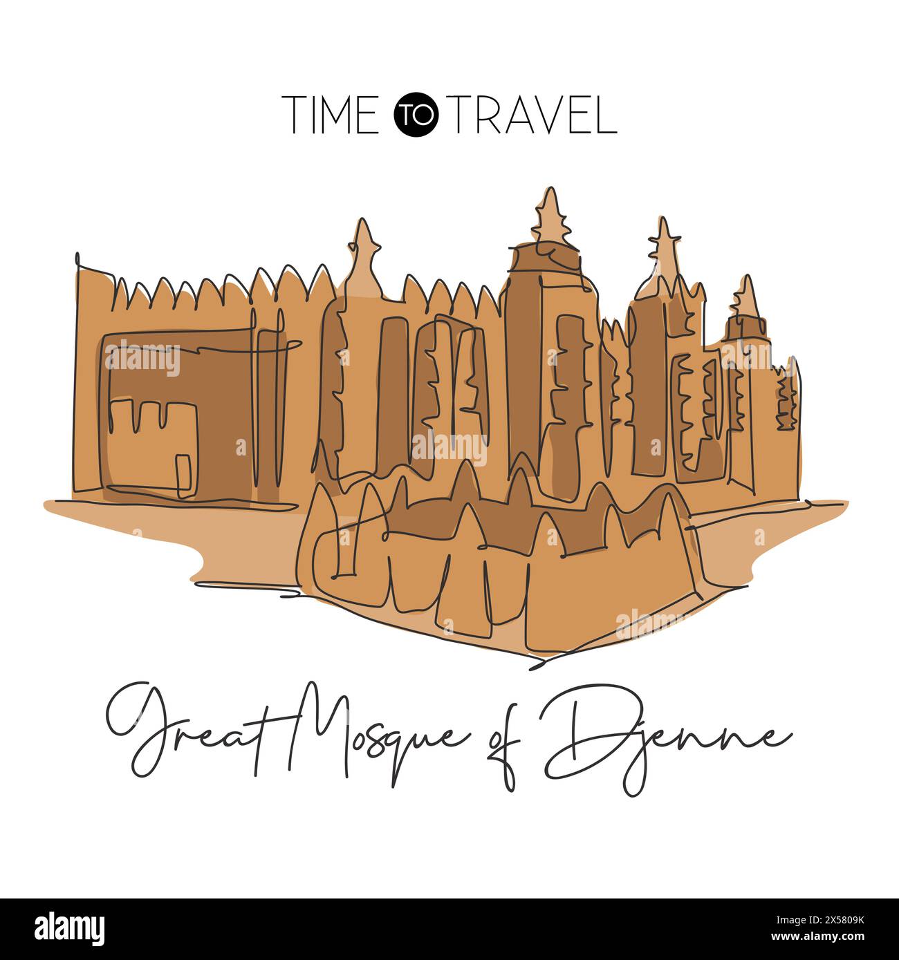 Linea singola continua che disegna la grande Moschea di Djenne. Bel posto in Mali, Africa. Tour mondiale viaggio a casa decorazione murale poster art concept. Illustrazione Vettoriale