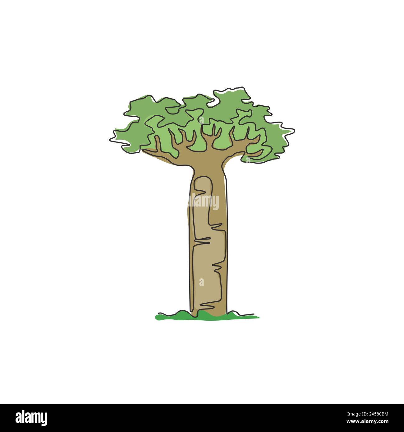 Linea singola continua che disegna un gigantesco albero di baobab per poster decorativi. Impianto gigantesco per il parco nazionale. Concetto di vacanza turistica e di viaggio. Illustrazione Vettoriale