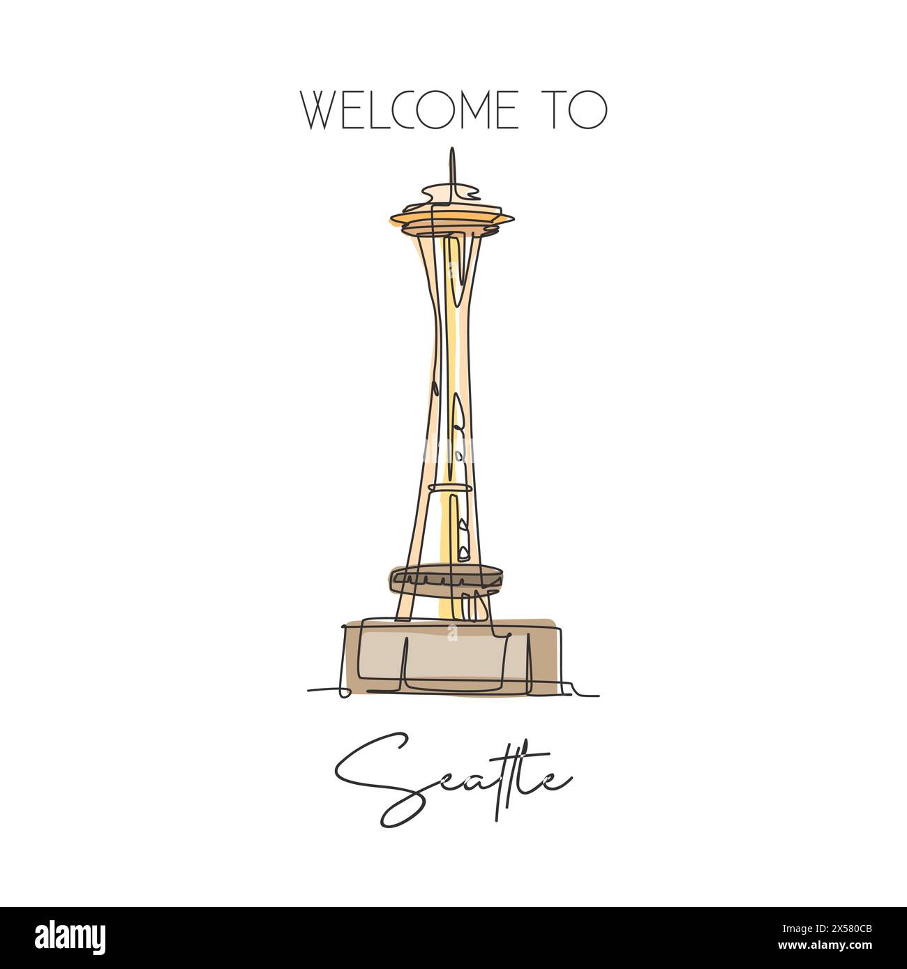 Depok, Indonesia - 6 agosto 2019: Linea singola continua disegnando il punto di riferimento dello Space Needle. Beauty Place a Seattle, Washington DC, USA. wal Illustrazione Vettoriale