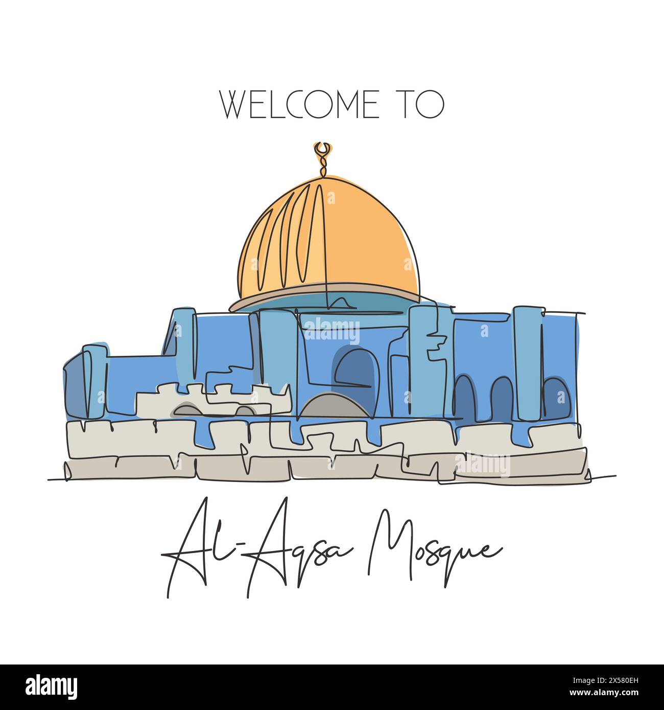 Linea singola continua che disegna il punto di riferimento della moschea al Aqsa. Luogo della Santa masjid a Gerusalemme. Campagna di viaggi per il mondo Home art decorazione murale poster stampa concept Illustrazione Vettoriale
