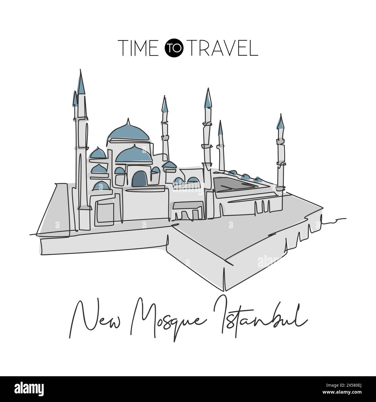 Una linea continua che disegna lo skyline della nuova Moschea, il paesaggio degli edifici masjid a Istanbul in Turchia. Tour religioso con decorazioni murali e stampa di poster. Illustrazione Vettoriale
