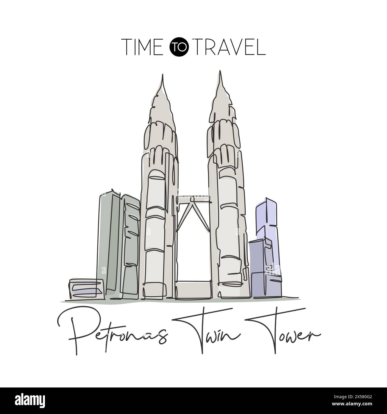 Depok, Indonesia - 6 agosto 2019: Una linea singola disegna il monumento Petronas Twin Tower. Luogo famoso in tutto il mondo a Kuala Lumpur, Malesia. Viaggi turistici Illustrazione Vettoriale