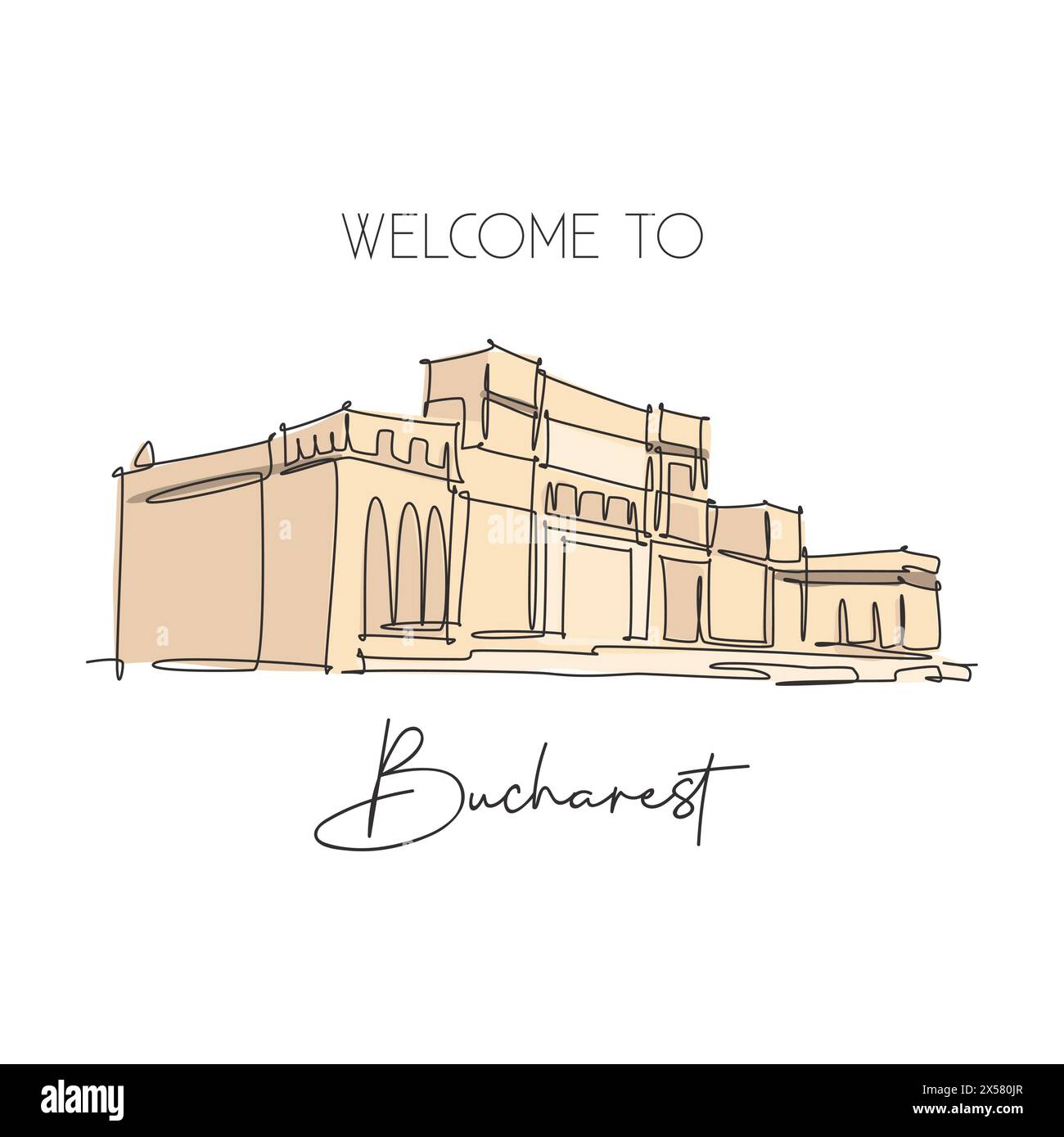 Un disegno su una sola linea del Palazzo del Parlamento Romania monumento di Bucarest. Turismo viaggio cartolina casa decorazione parete poster stampa concetto di arte. TREN Illustrazione Vettoriale