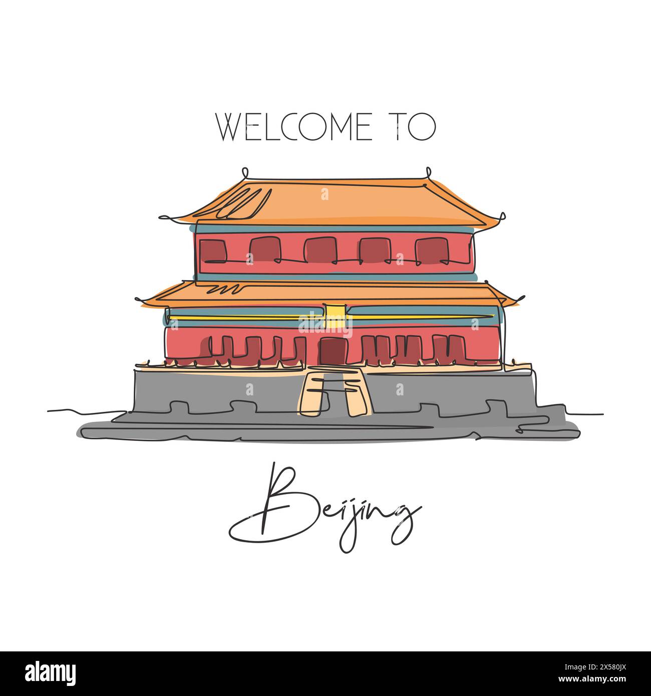 Una linea continua che disegna il monumento del Palazzo della città Proibita. Luogo iconico del mondo a Pechino, Cina. Casa vacanze per le vacanze, decorazioni murali, stampa poster. M Illustrazione Vettoriale