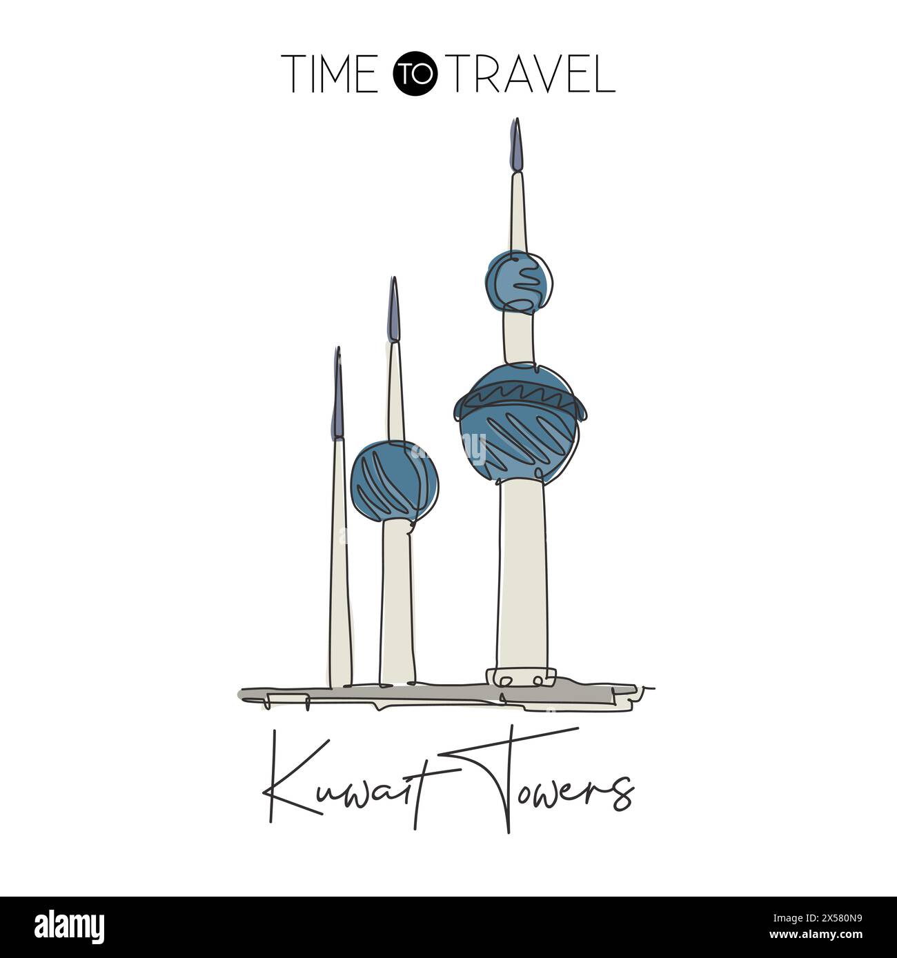 Una linea continua che disegna il punto di riferimento delle Kuwait Towers. L'edificio più iconico di Kuwait City. Casa per le vacanze, arredamento da parete, stampa di poster. Mo Illustrazione Vettoriale