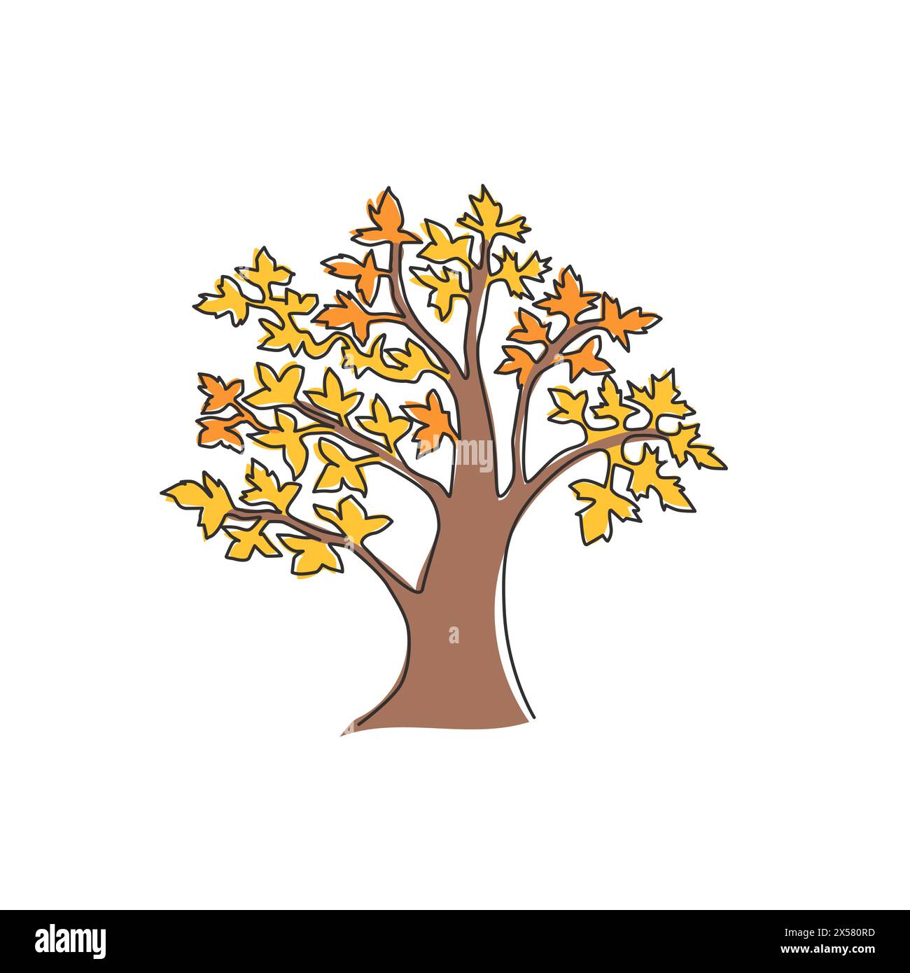 Un disegno continuo di grande bellezza e albero d'acero esotico. Concept decorativo dell'impianto pseudoplatano acer per il logo del parco nazionale. Camera singola alla moda Illustrazione Vettoriale