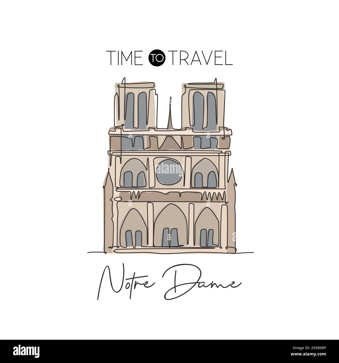 Una linea continua che disegna il monumento di Notre Dame. Luogo iconico del mondo a Parigi, Francia. Casa per le vacanze, arredamento da parete, stampa di poster. Moder Illustrazione Vettoriale
