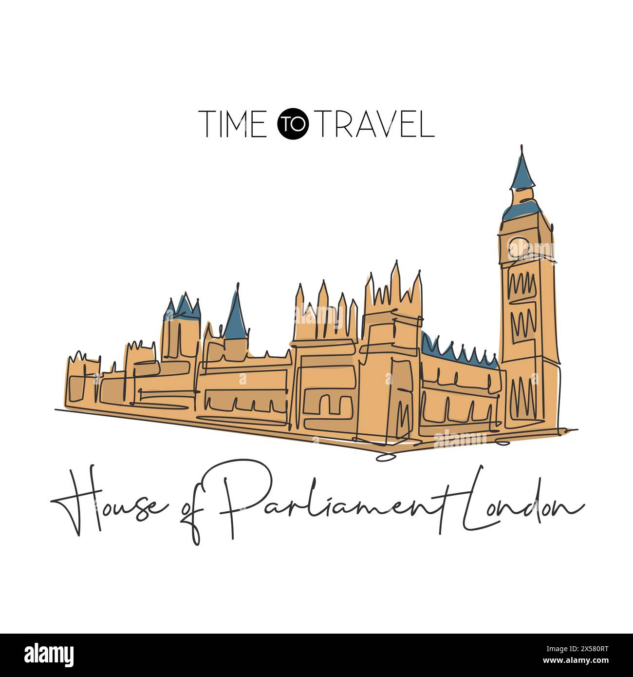 Edificio con disegno a linea continua, parlamento, punto di riferimento di Londra. Luogo famoso in Inghilterra, Regno Unito. Poster con arredamento da parete World Travel Home. Illustrazione Vettoriale