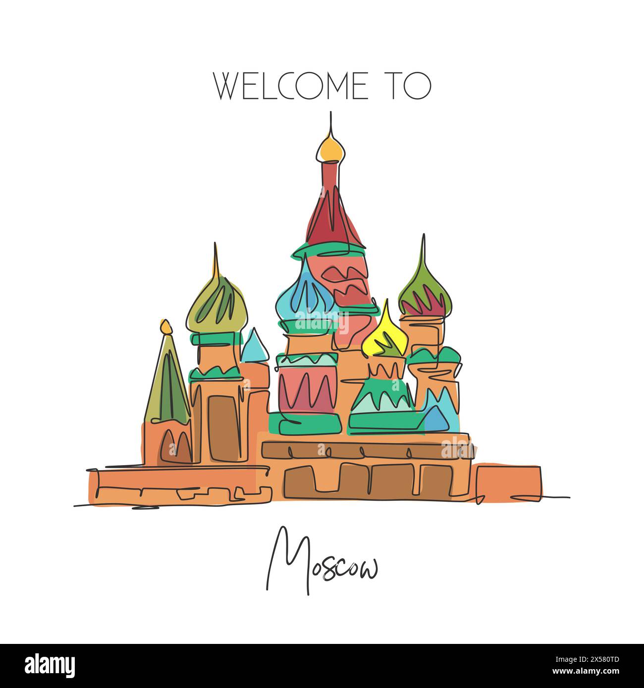 Una linea singola che disegna il monumento di St. Basils. Luogo iconico del mondo a Mosca, Russia. Turismo viaggio cartolina casa parete art decor concetto poster. Moderno Illustrazione Vettoriale