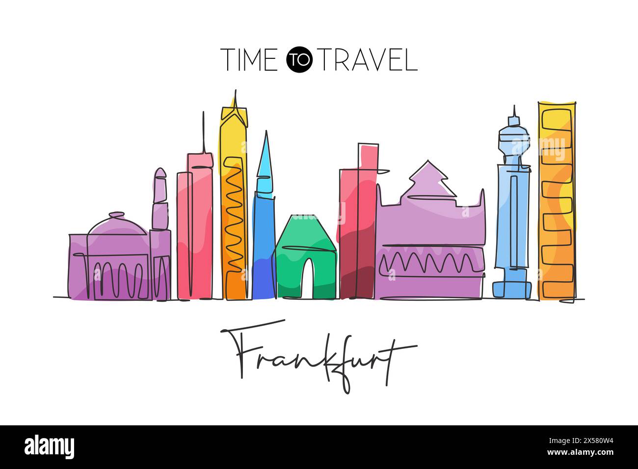 Una linea singola che disegna lo skyline di Francoforte, Germania. Il paesaggio storico dei grattacieli nel mondo. La migliore destinazione per le vacanze con poster decorati. Alla moda Illustrazione Vettoriale