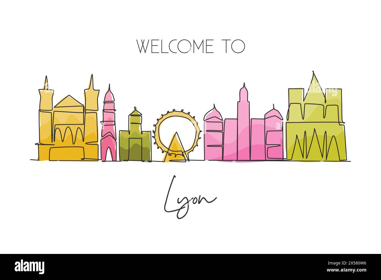 Un disegno continuo dello skyline della città di Lione, Francia. Bel grattacielo. Turismo del paesaggio del mondo viaggio vacanza parete arredamento concetto poster. Ry Illustrazione Vettoriale