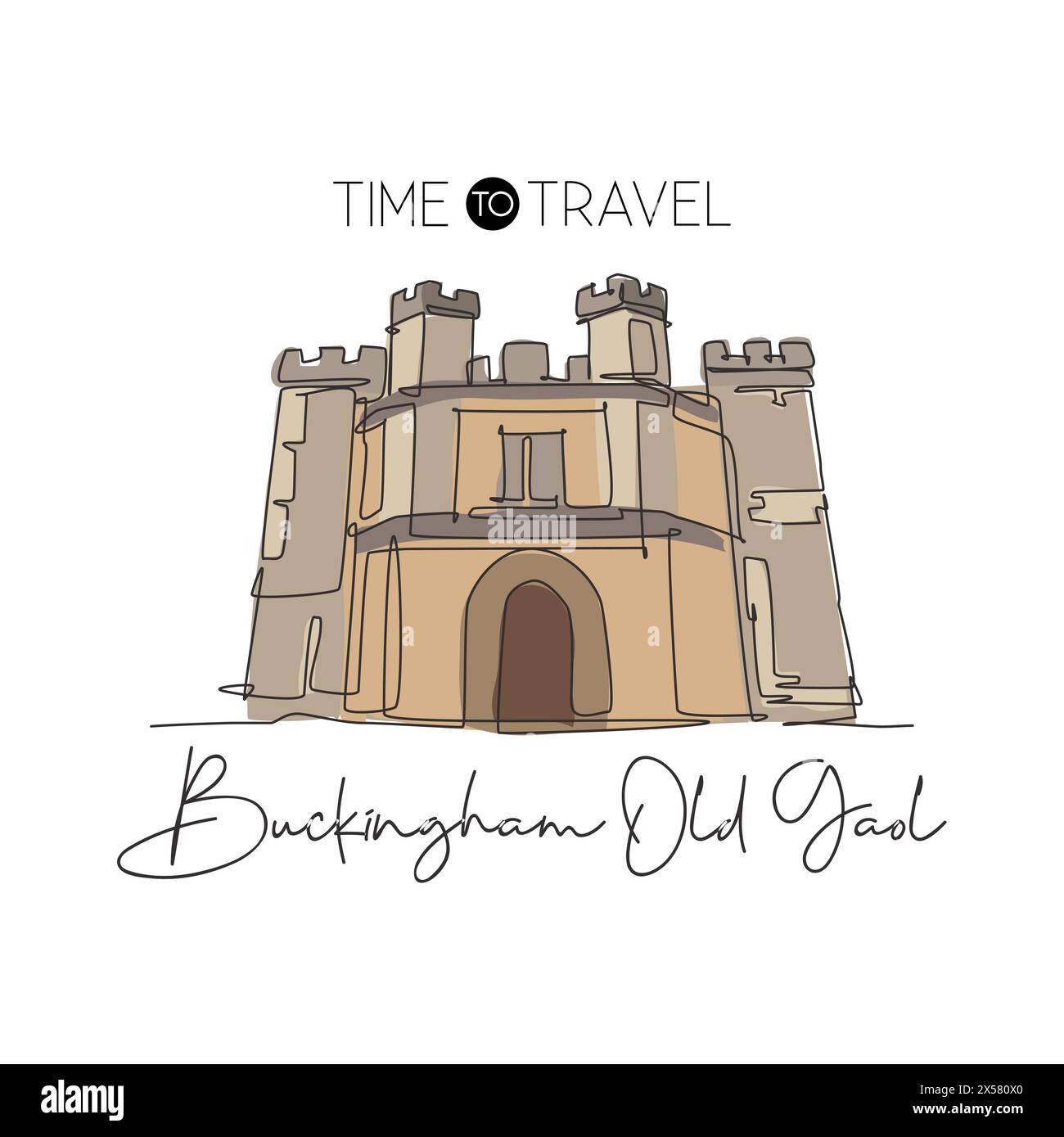 Linea continua singola che disegna Buckingham Old Gaol. Famoso museo nel Buckinghamshire, Inghilterra. Arredamento per la casa da viaggio in tutto il mondo, arte da parete, stampa di poster. Illustrazione Vettoriale