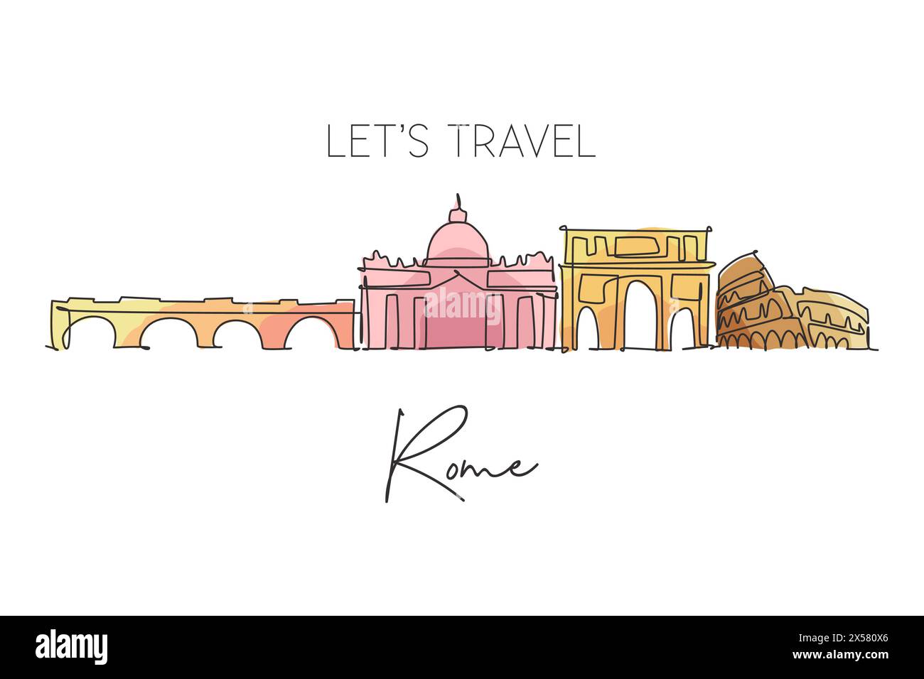 Disegno a linea singola continua dello skyline di Roma Italia. Il famoso paesaggio dei grattacieli di Roma. World Travel Home decor da parete poster stampa art cep Illustrazione Vettoriale