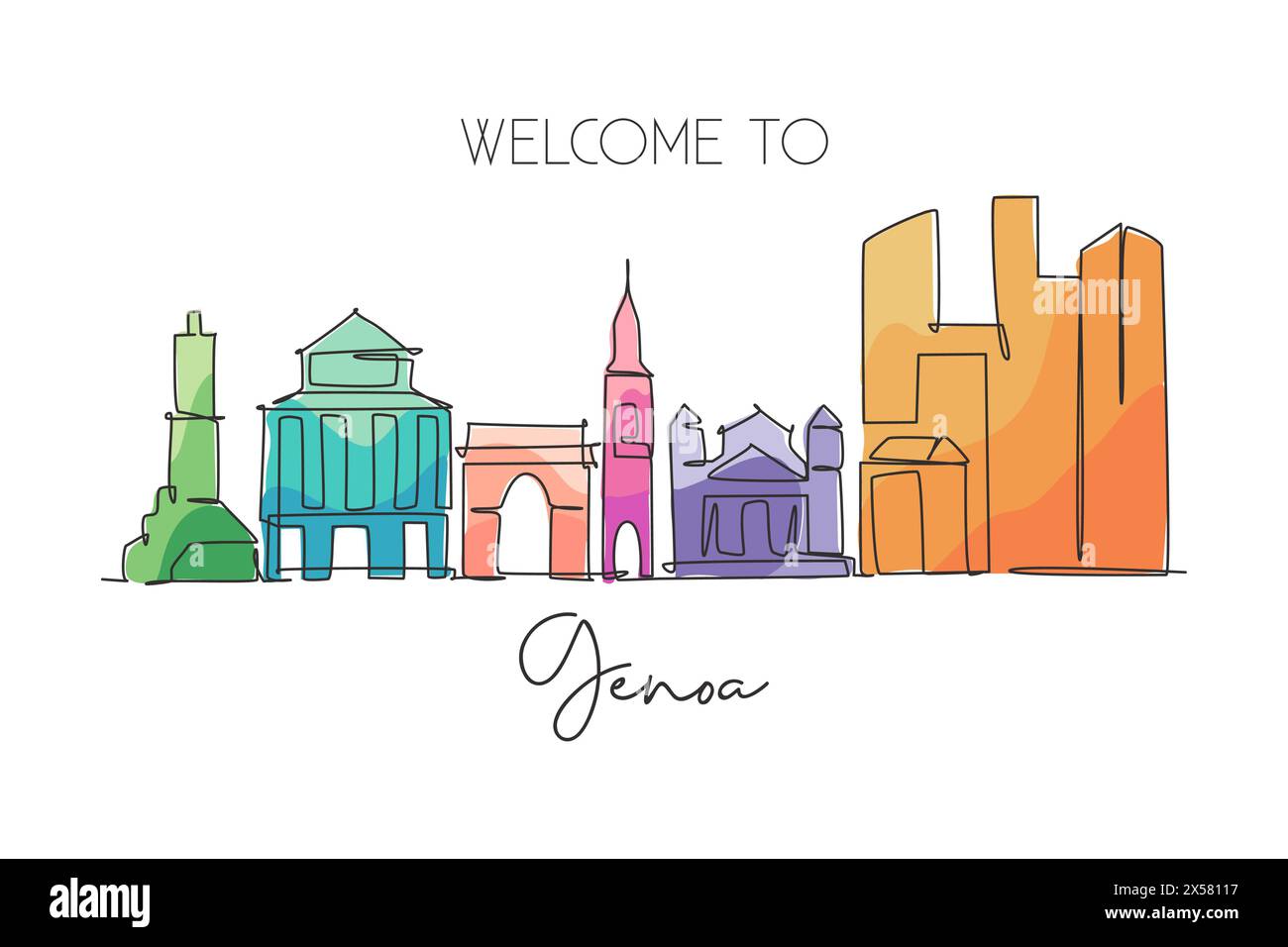 Un disegno continuo dello skyline di Genova, Italia. Bel grattacielo. Paesaggio turismo turismo viaggi vacanza concetto parete decor poster. Ry Illustrazione Vettoriale