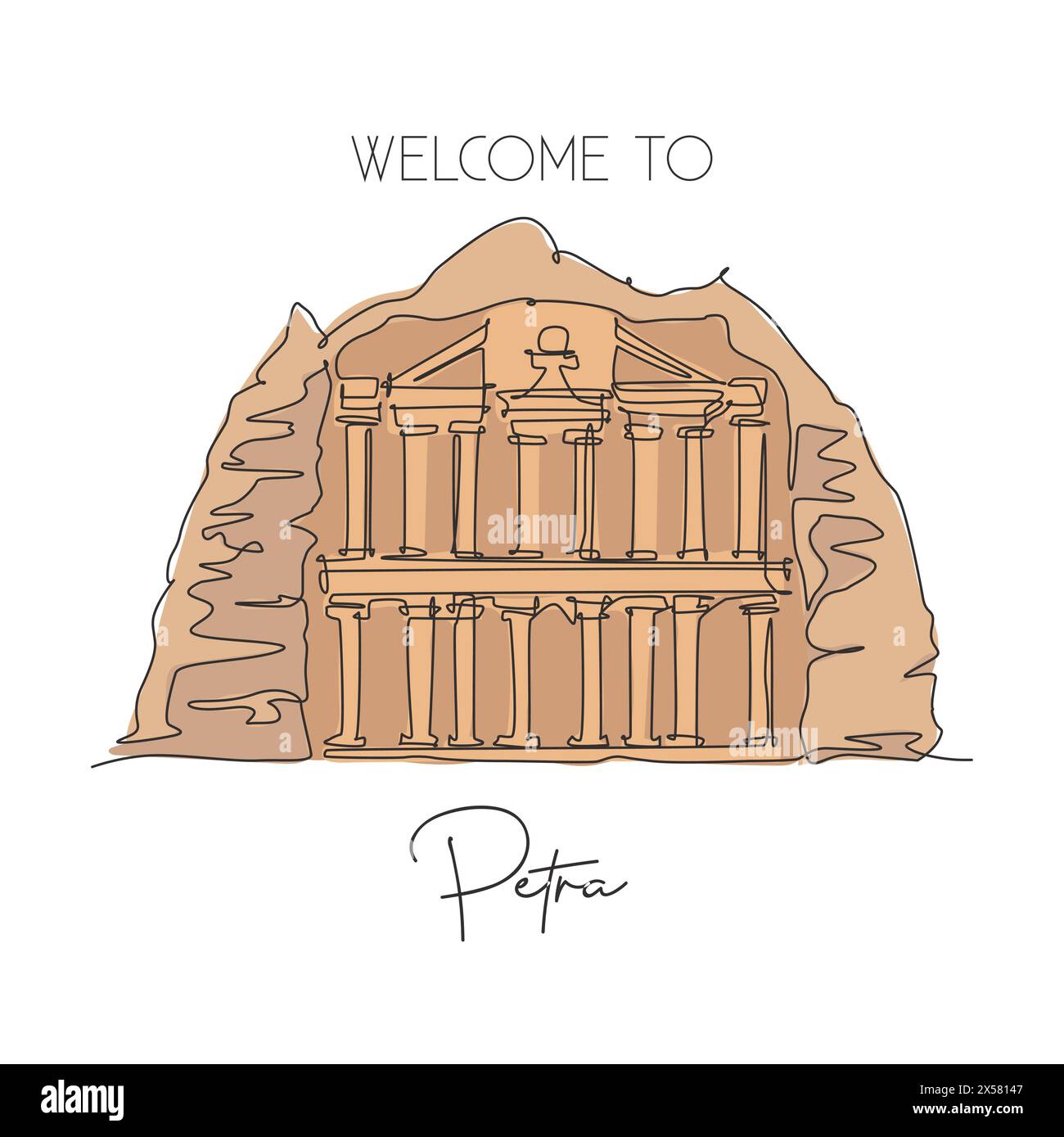 Una linea singola che disegna il vecchio tempio di al Khazneh Petra. Un posto famoso in Giordania. Turismo viaggio cartolina casa decorazione parete poster concetto di arte. Modalità Illustrazione Vettoriale