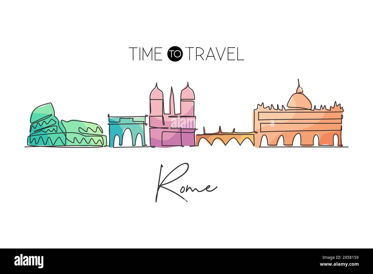 Un disegno continuo dello skyline di Roma, Italia. Bellissimo grattacielo di Roma. Mondo paesaggio turismo viaggi vacanza decorazione murale stampa poster. S Illustrazione Vettoriale