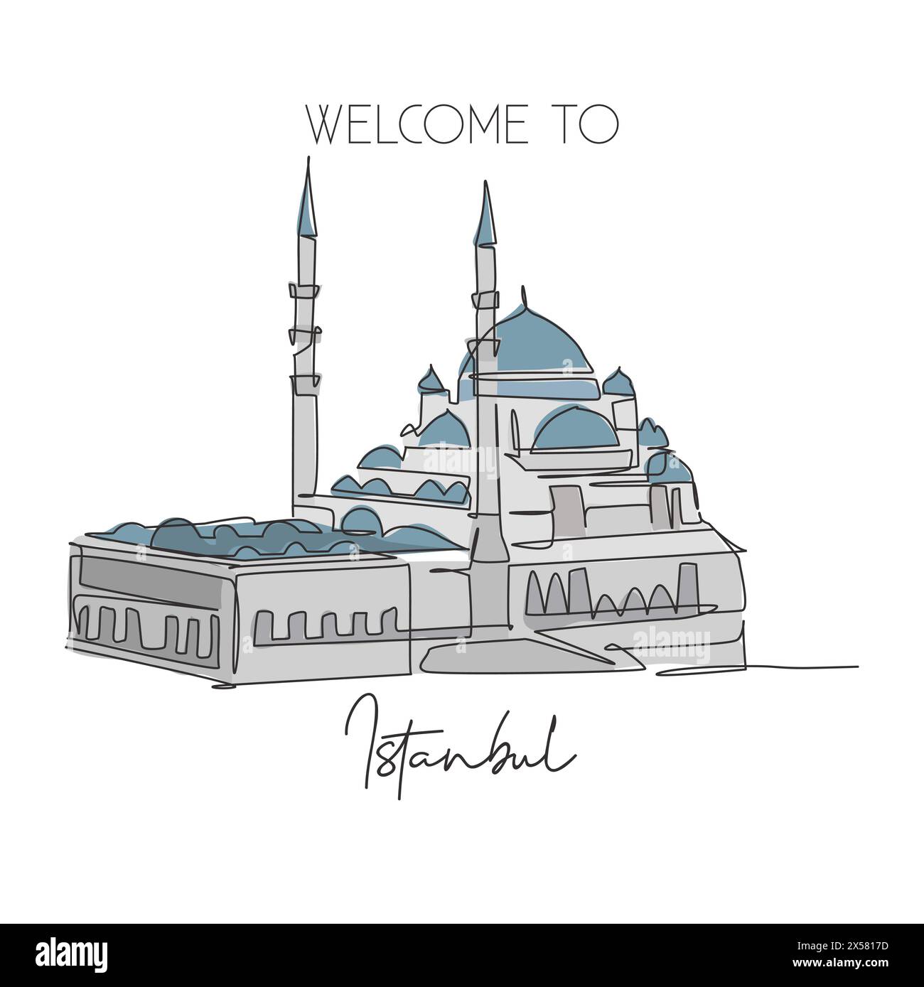 Una linea singola che disegna la nuova Moschea. Il famoso paesaggio urbano di Istanbul, Turchia. Concetto di poster decorativi da cartolina per viaggi turistici. Modalità Illustrazione Vettoriale