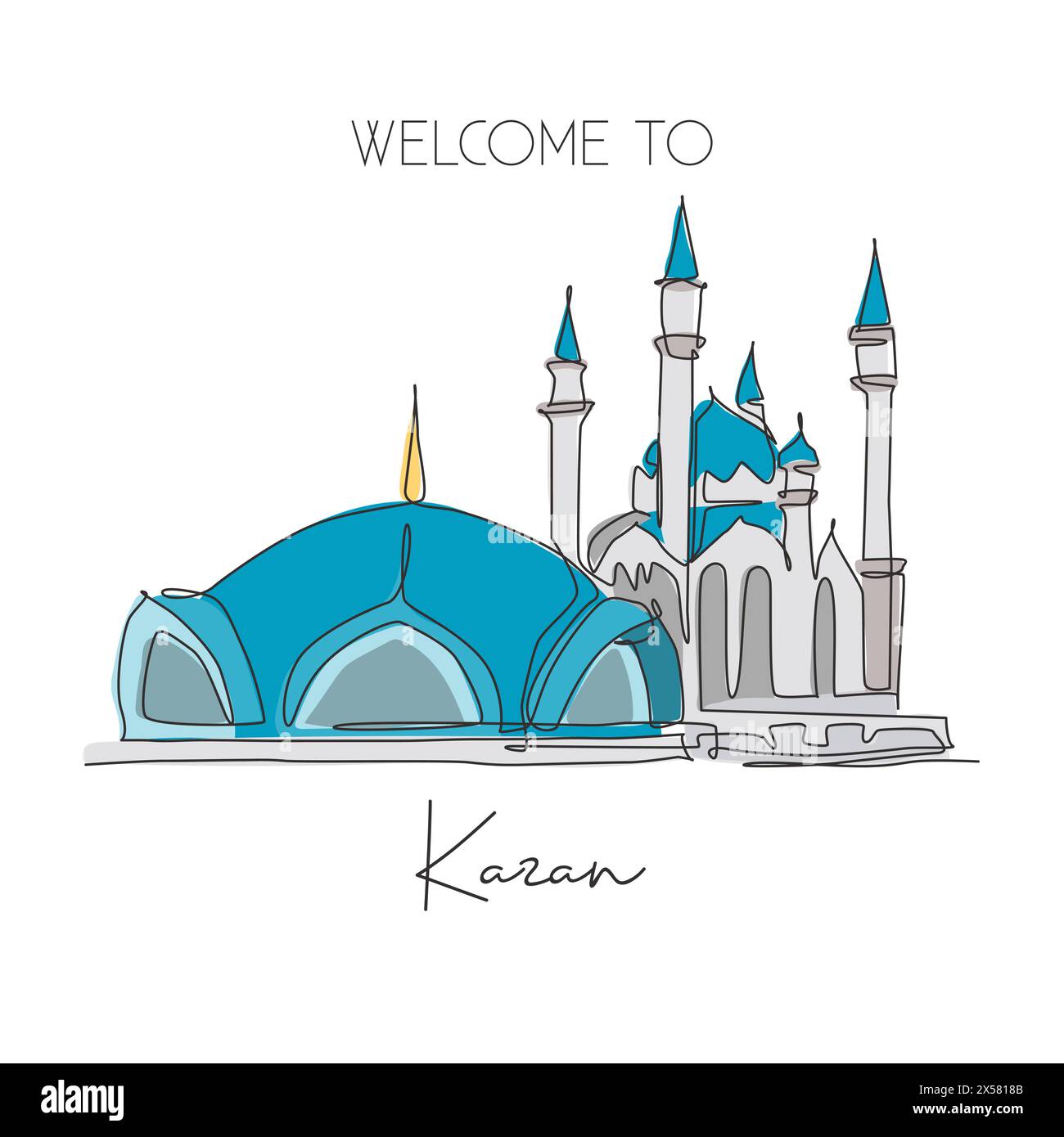 Una linea continua che disegna il punto di riferimento della Moschea Kul Sharif. Bella e famosa masjid a Kazan in Russia. Luogo sacro religioso, arredamento a parete, poster. Illustrazione Vettoriale