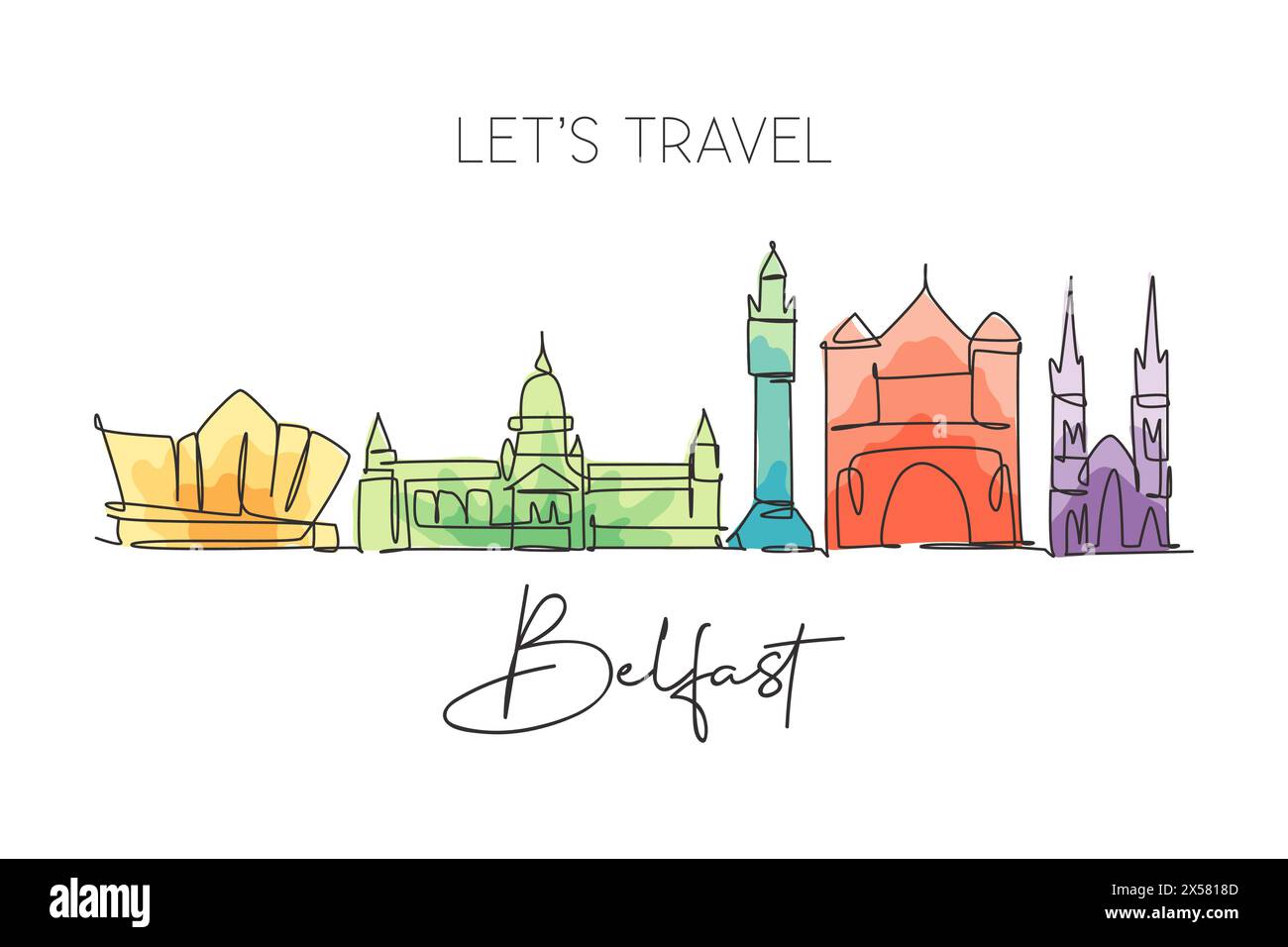 Disegno a linea singola continua dello skyline di Belfast, Irlanda del Nord. Famoso paesaggio cittadino. Concetto di viaggio in tutto il mondo arredamento da parete per poster, stampa artistica Illustrazione Vettoriale