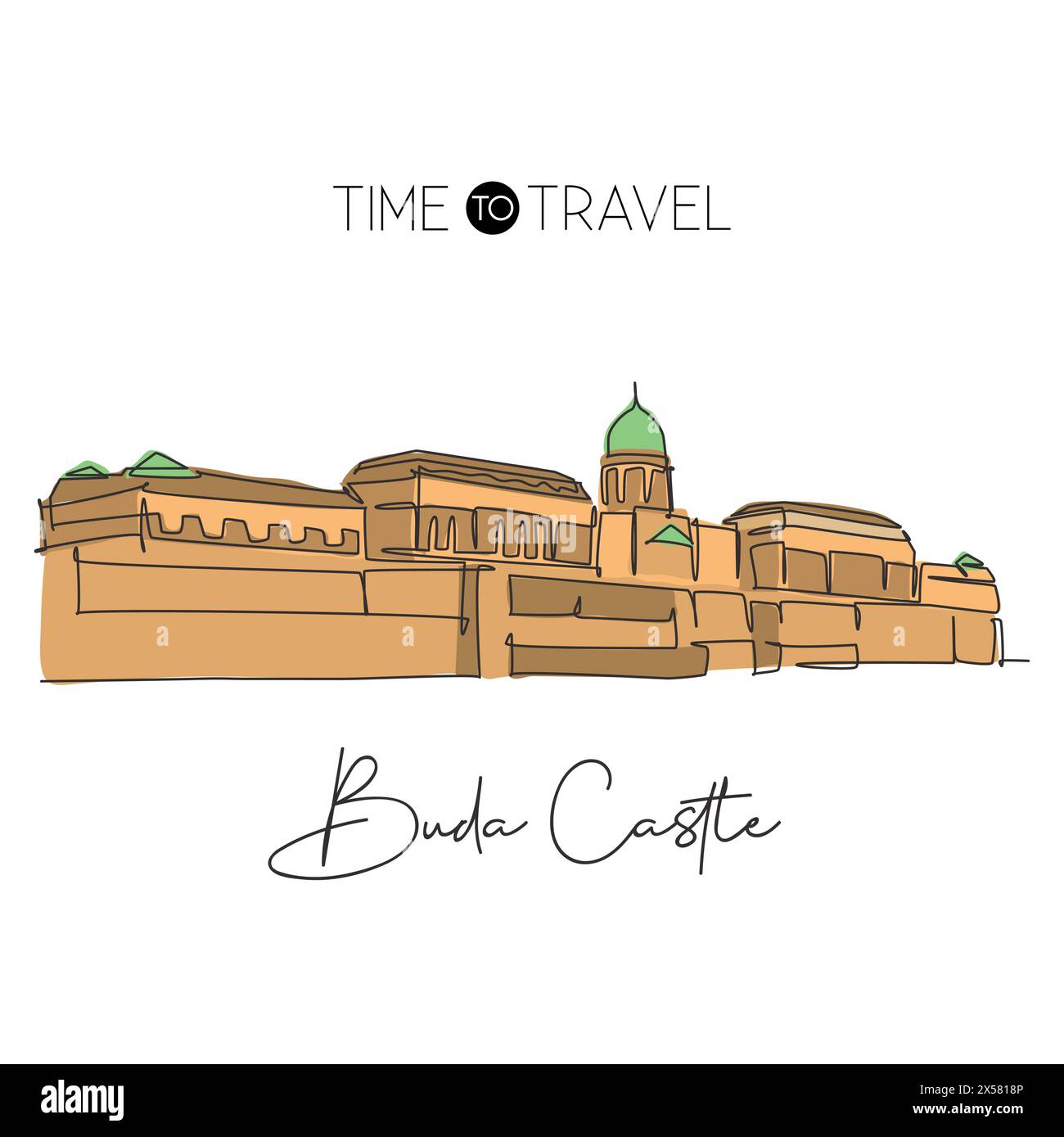 Una linea continua che disegna il punto di riferimento del Castello di Buda. Storico palazzo reale a Budapest, Ungheria. Casa per le vacanze in viaggio, arredamento da parete, stampa di poster. Illustrazione Vettoriale