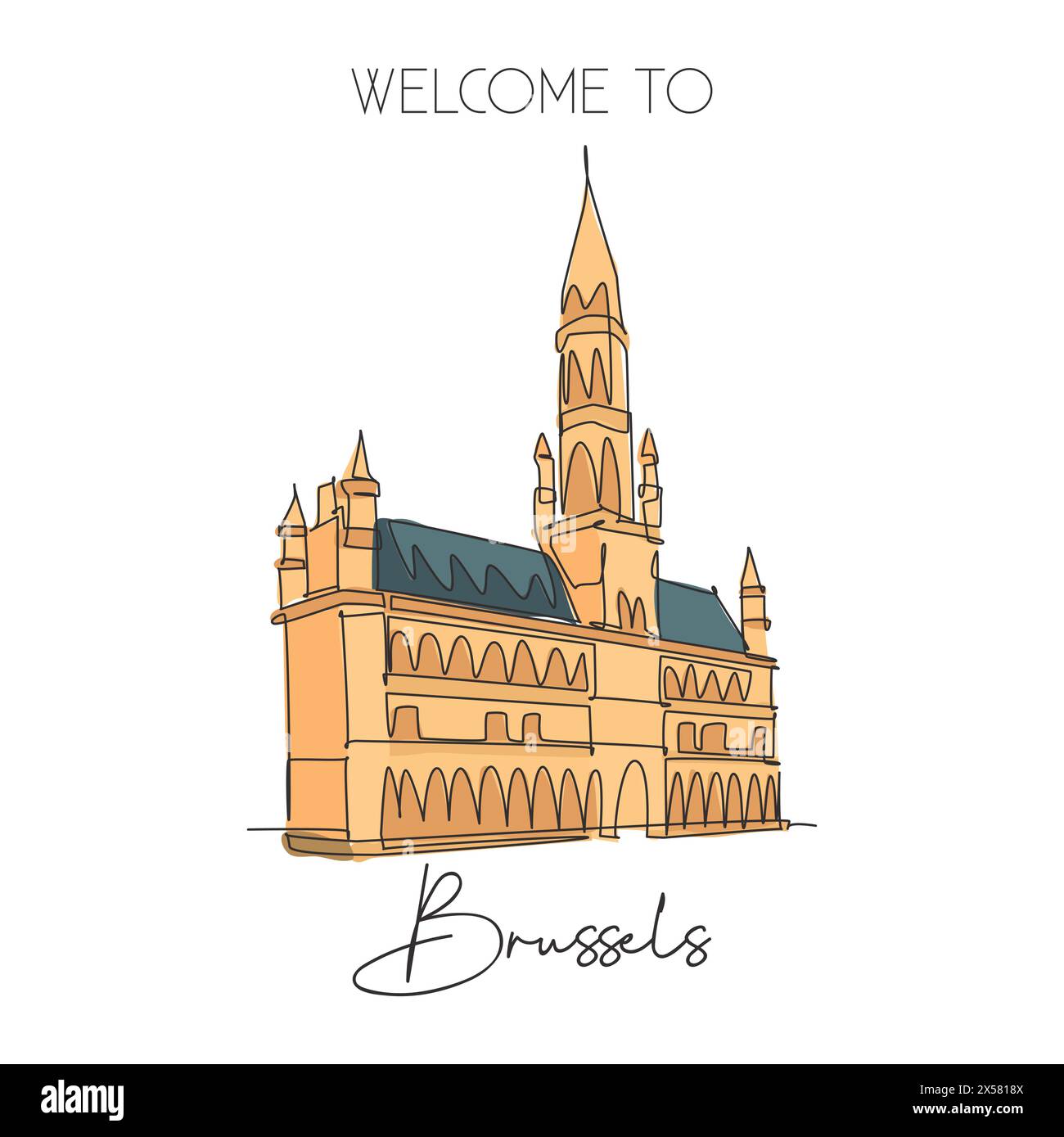 Linea singola continua che disegna la Grand Place of Brussels. Il luogo più bello e famoso del Belgio. Poster con arredamento da parete World Travel Home. Illustrazione Vettoriale