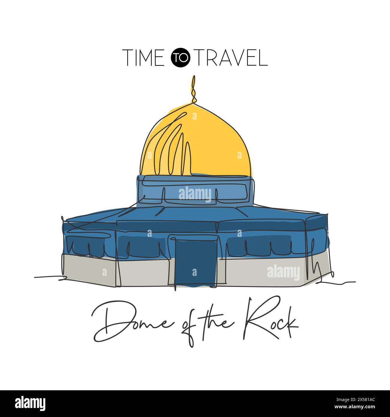 Una linea continua che disegna il simbolo della moschea Dome of the Rock. Luogo Santo a Gerusalemme. Decorazioni natalizie per le feste natalizie, stampa di poster. Tre Illustrazione Vettoriale