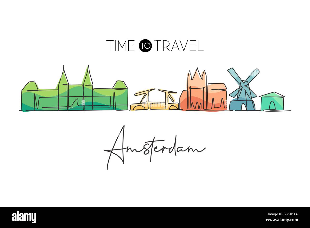 Un disegno continuo dello skyline della città di Amsterdam, Paesi Bassi. Bellissimo grattacielo cittadino. Mondo paesaggio turismo viaggio vacanza parete decor post Illustrazione Vettoriale