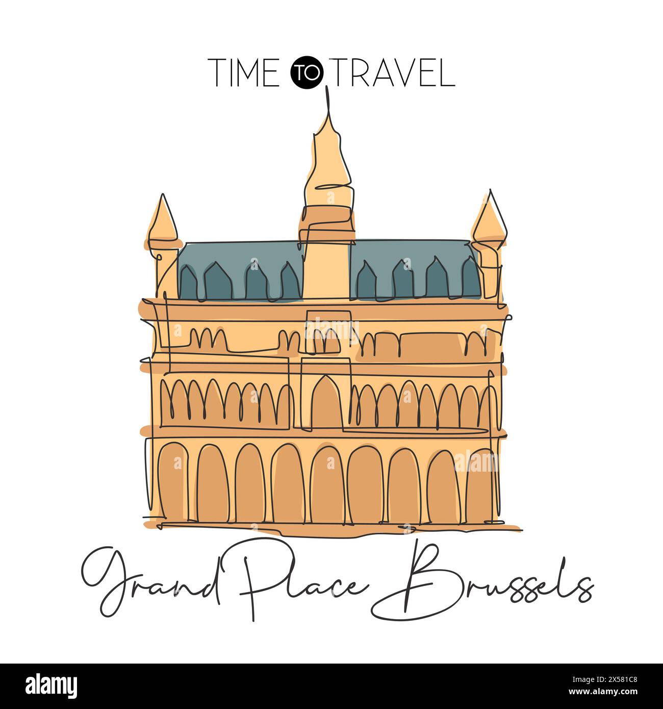 Una linea singola che disegna la Grand Place di Bruxelles. Famoso iconico in Belgio. Turismo viaggio cartolina casa decorazione parete poster stampa concetto. Alla moda Illustrazione Vettoriale