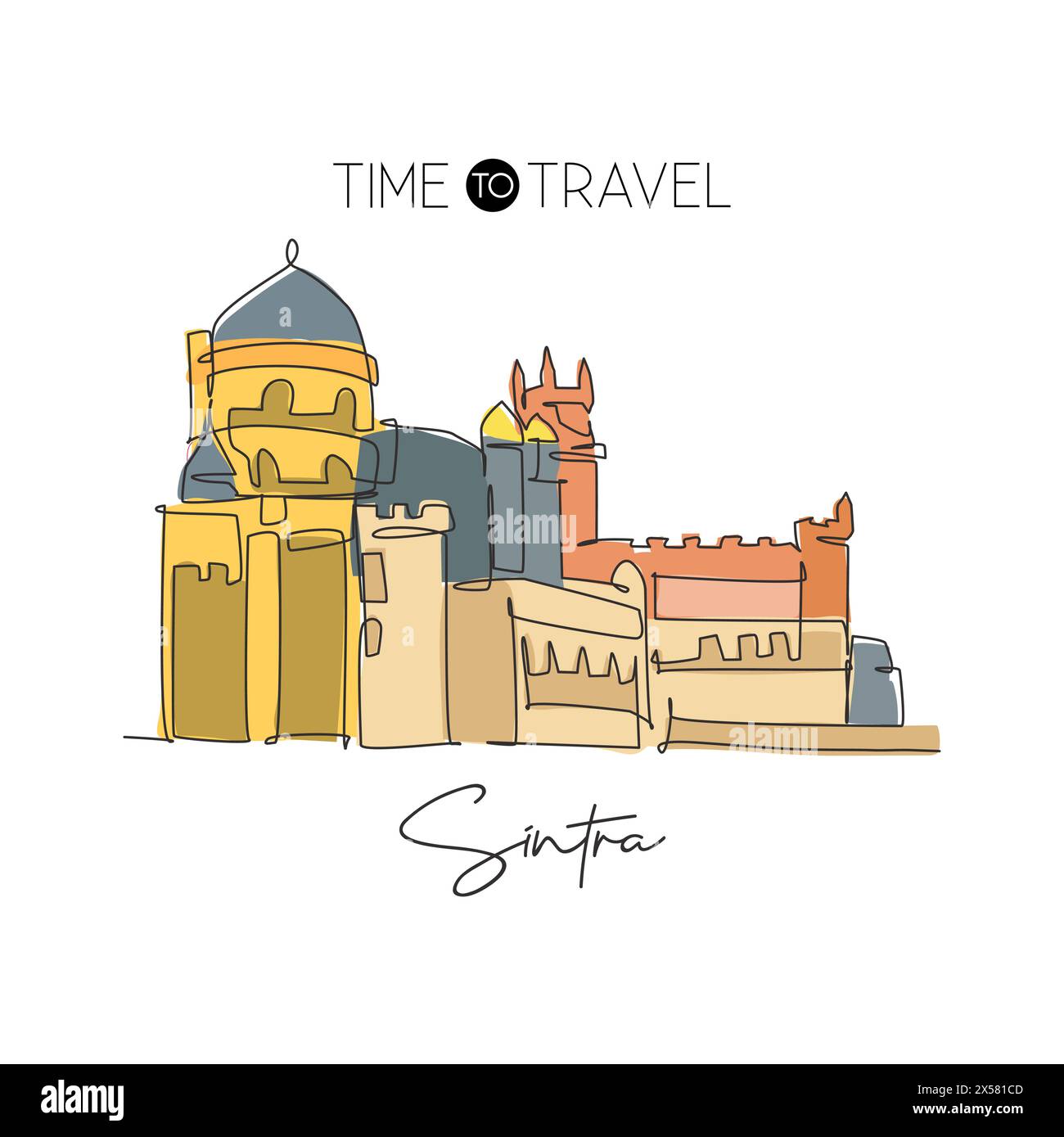 Una linea continua che disegna il punto di riferimento del Palácio da pena. Storico Palacio da pena a Sintra, Portogallo. Decorazioni murali per le vacanze natalizie, stampa poster. Mo Illustrazione Vettoriale