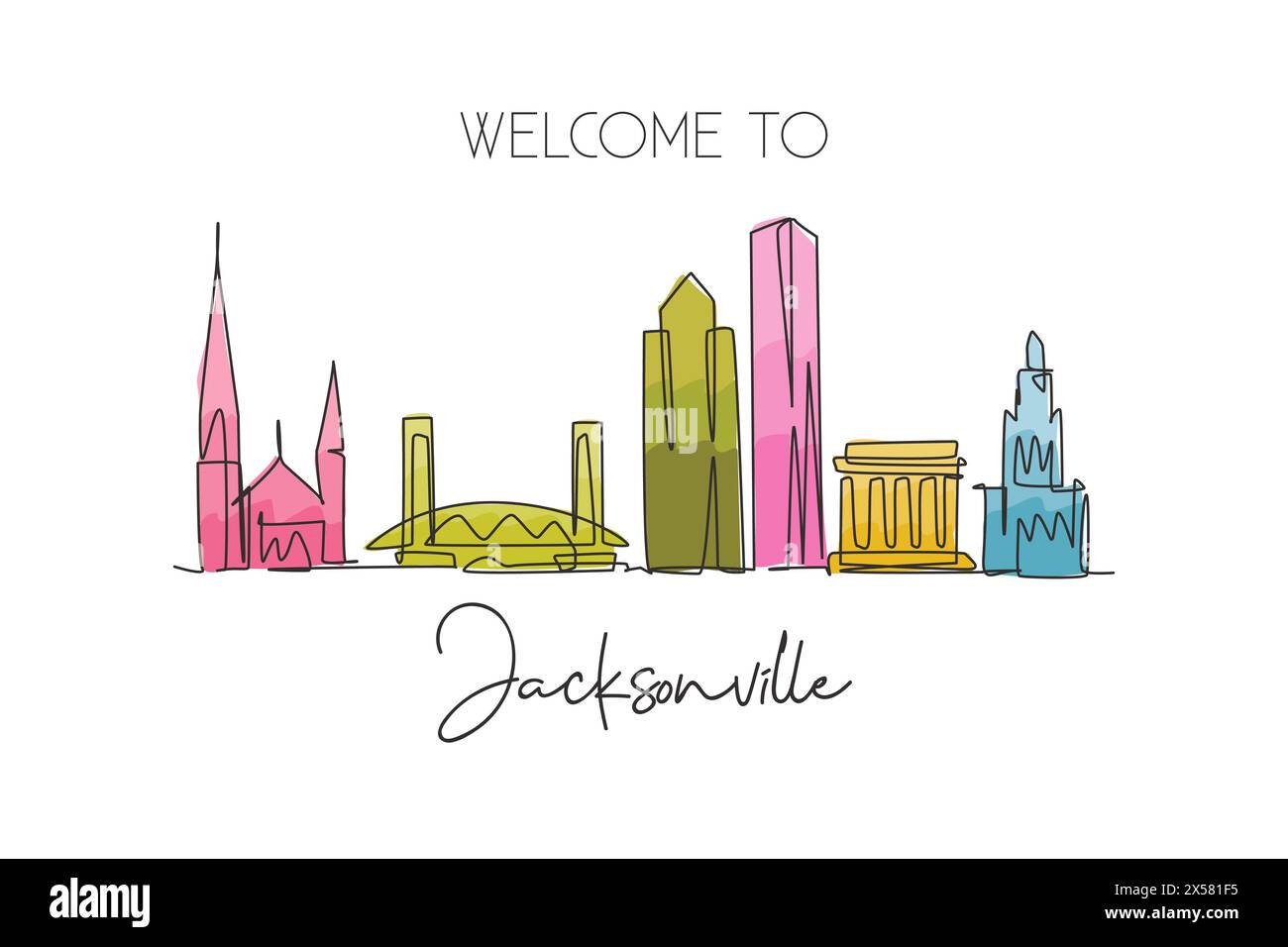 Disegno a linea singola continua dello skyline di Jacksonville, Stati Uniti. Famoso raschietto e paesaggio cittadino. Stampa poster per arredamento da parete per il mondo dei viaggi Illustrazione Vettoriale