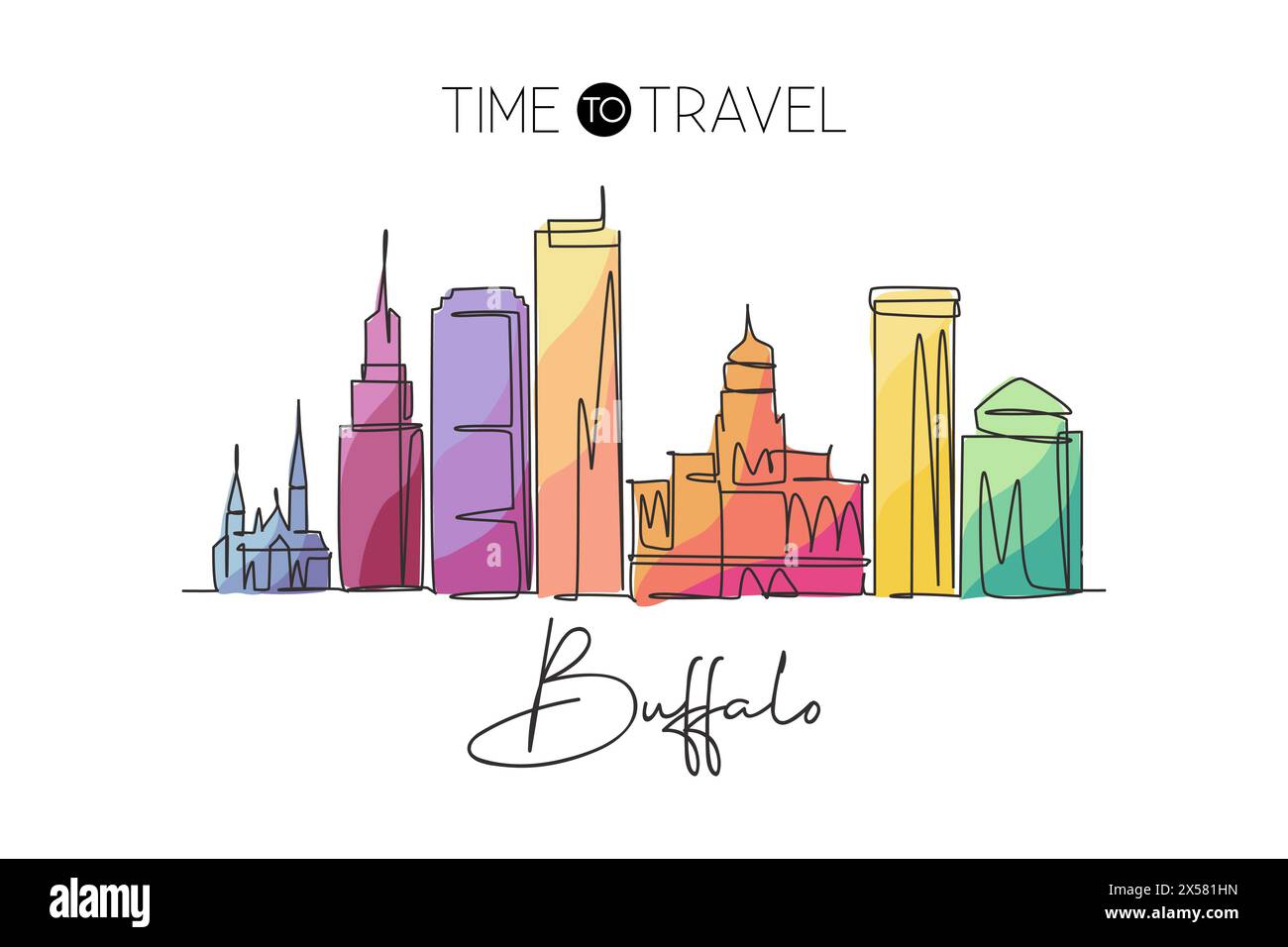 Un disegno a linea singola dello skyline di Buffalo, Stati Uniti. Il paesaggio storico della città nel mondo. La migliore destinazione per le vacanze. Tratto modificabile tren Illustrazione Vettoriale